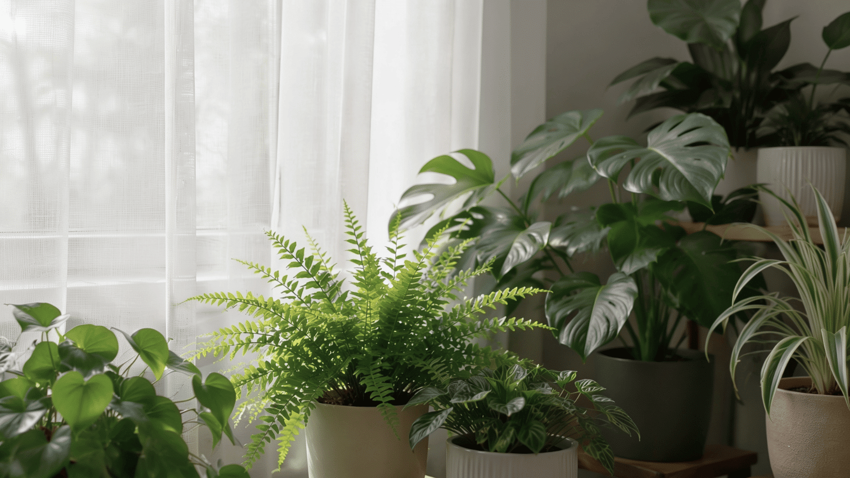 Indoor houseplants near a window with sheer curtains and soft natural daylight
