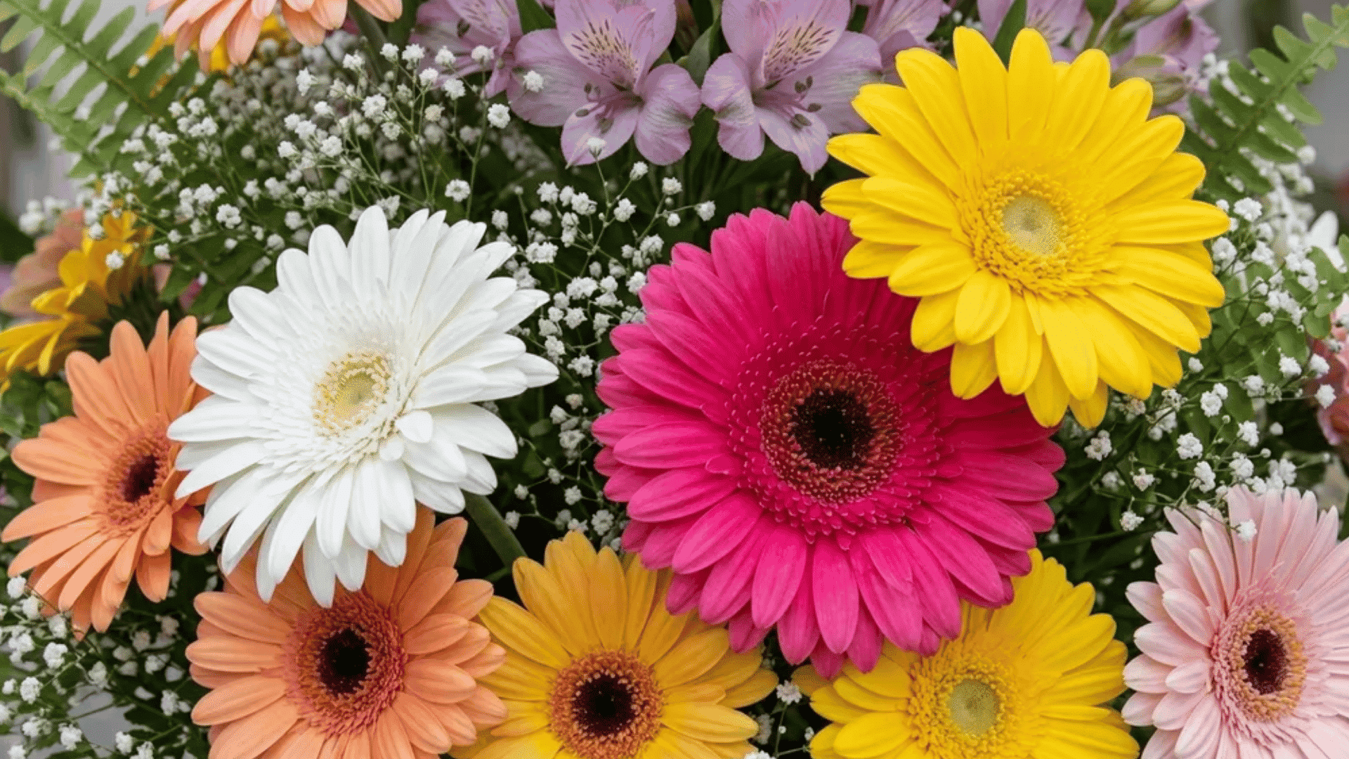 Bright mixed gerbera daisy bouquet symbolizing flowers that represent healing, hope, and emotional renewal in soft light.