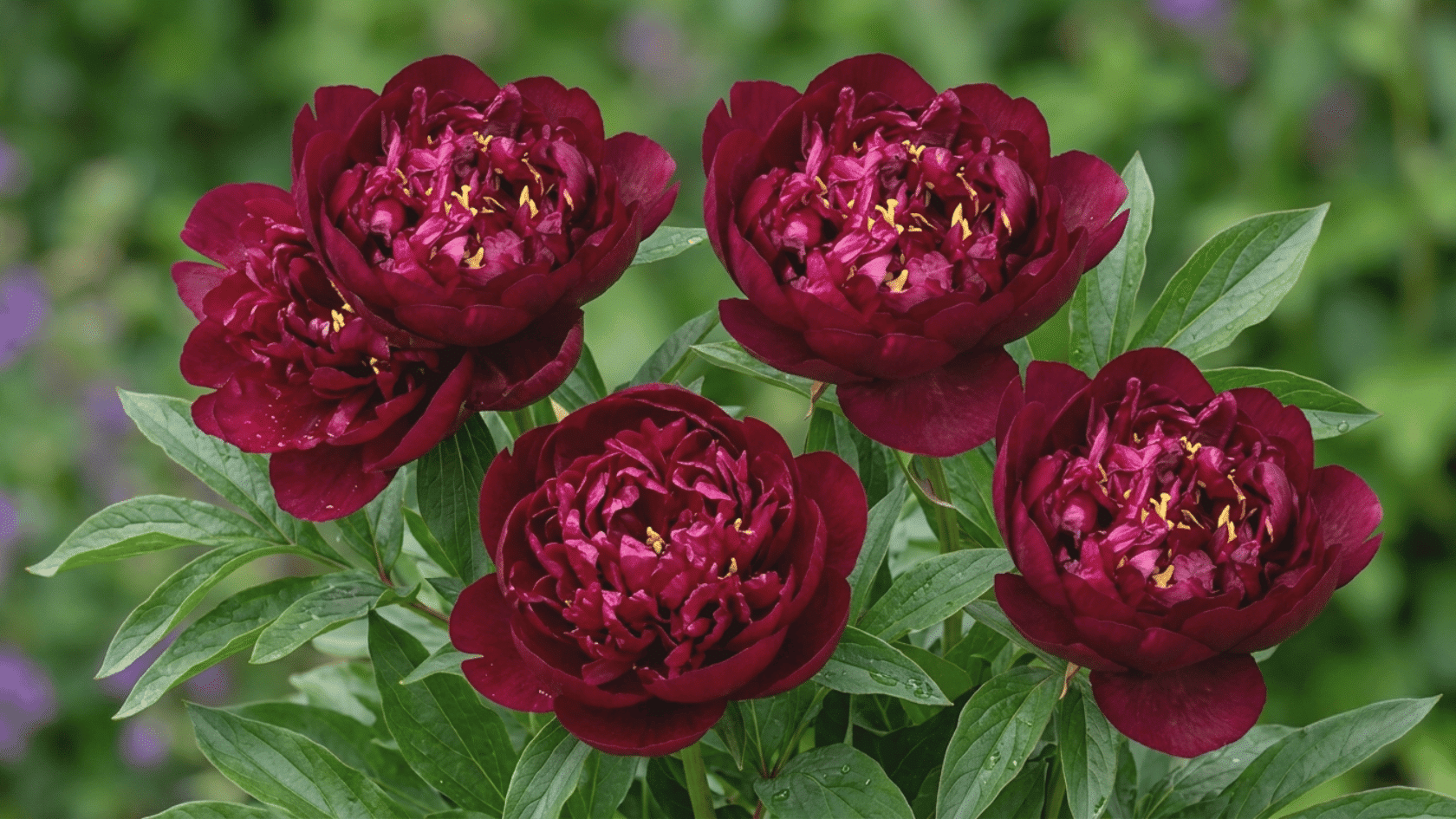Realistic Buckeye Belle peony blooms with dark red semi-double petals and bright garden greenery.