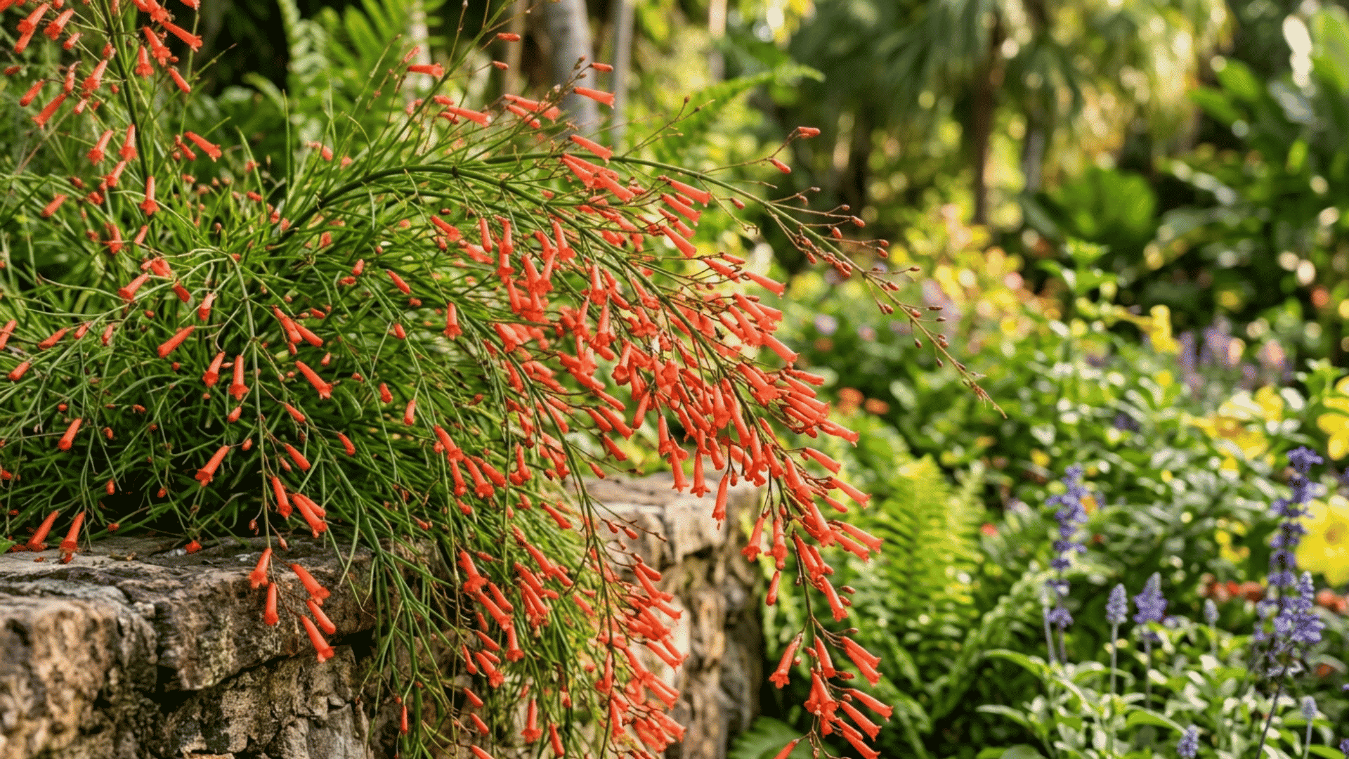Orange firecracker plant blooming on a green trailing plant with thin leaves beside a stone wall in a lush garden setting.