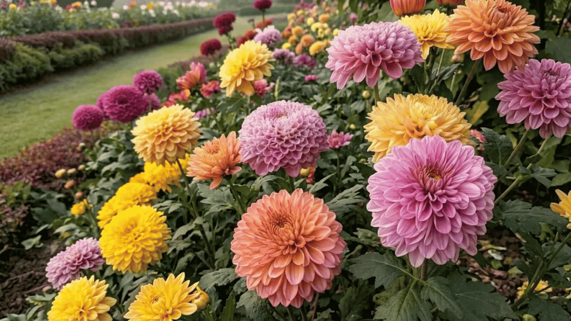 Colorful chrysanthemum flower bed in a garden with pink, yellow and orange blooms symbolizing healing and renewal