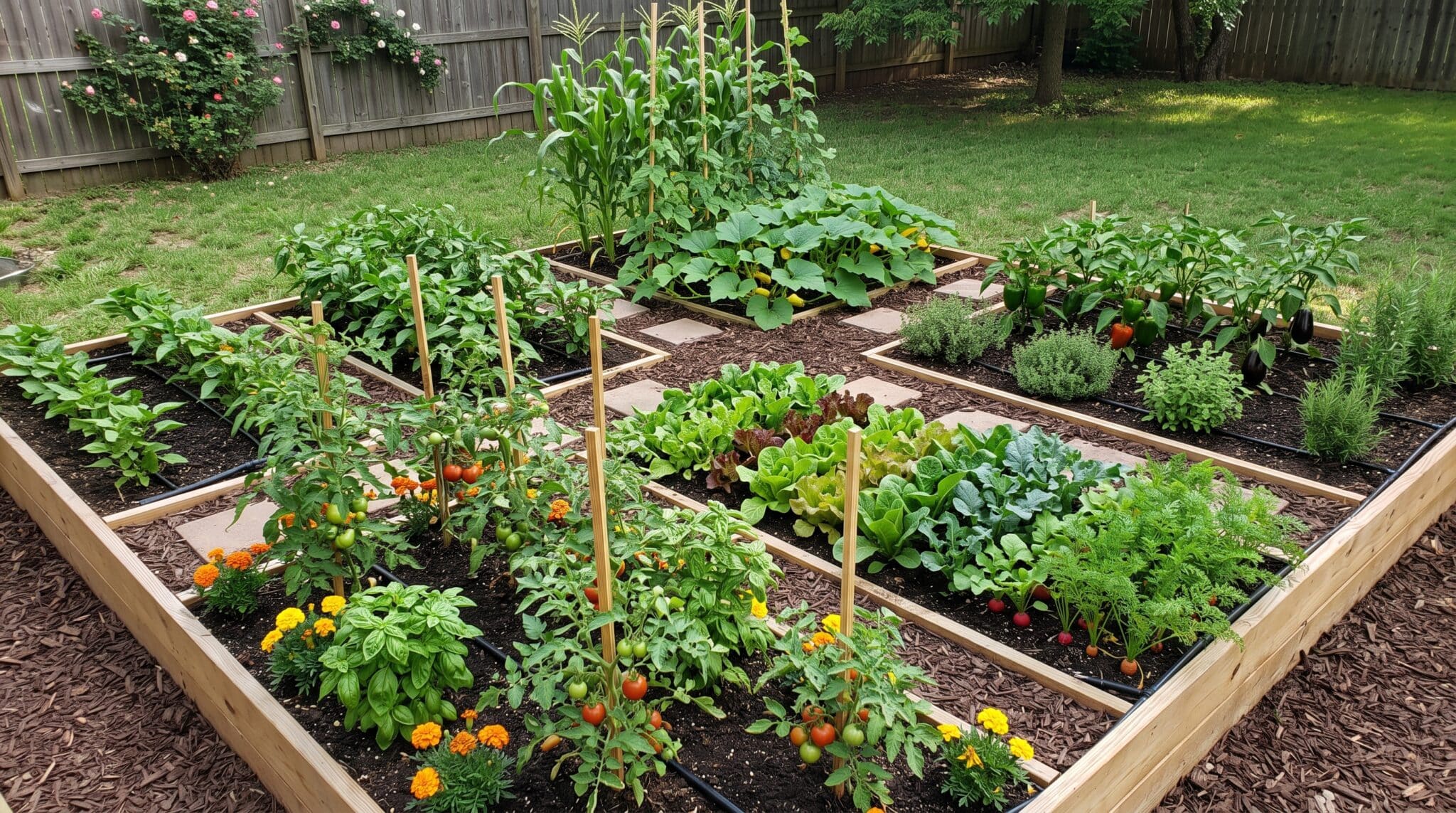Large wooden raised garden bed showcasing companion planting with tomatoes, marigolds, herbs, leafy greens, and squash.