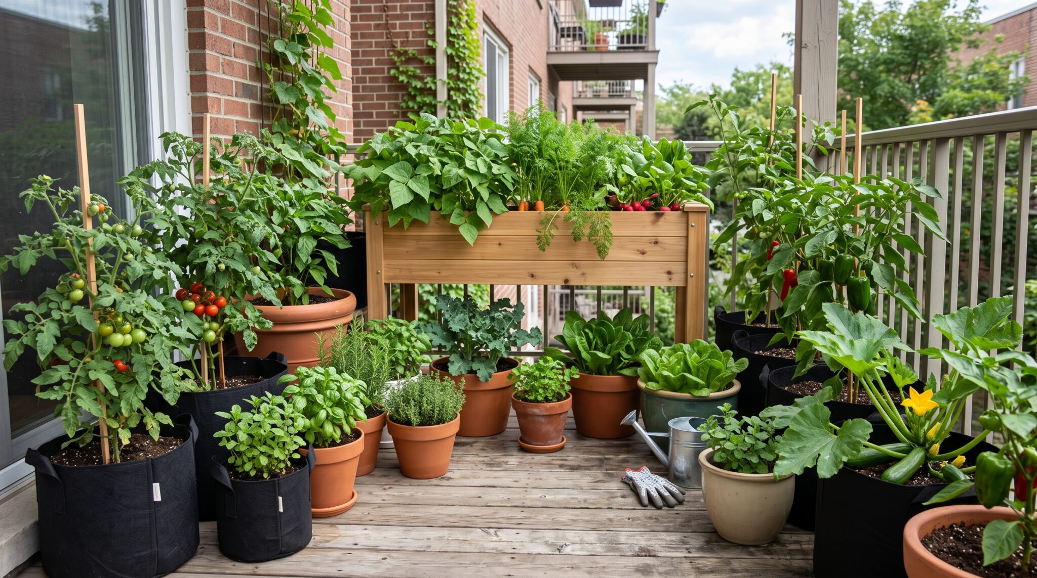 Vegetable plants growing in pots, grow bags, and raised containers on a small patio.