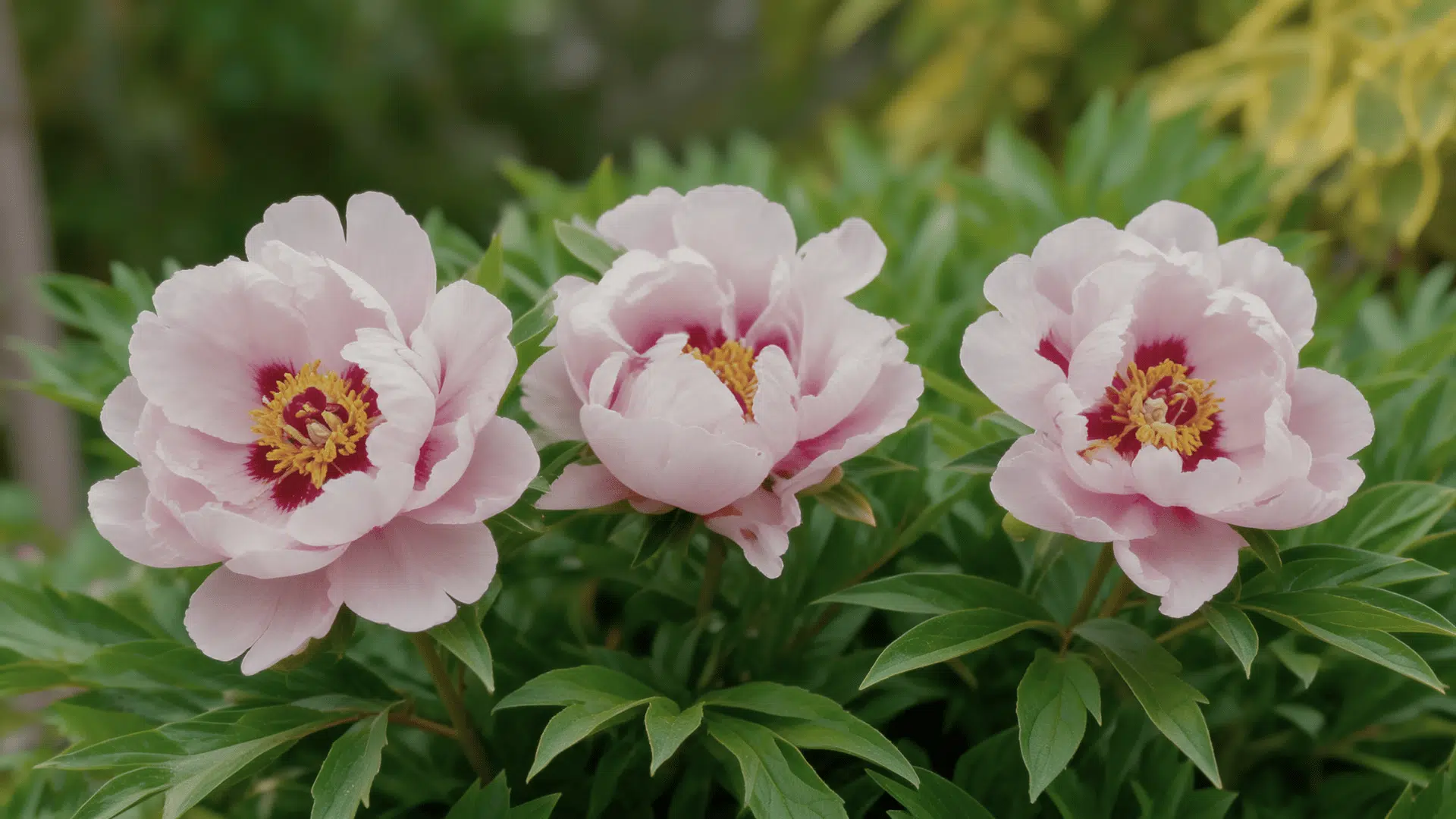 Cora Louise peonies with white petals, purple center, and detailed garden setting.