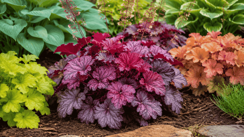 Coral bells with purple foliage growing in a shaded garden bed
