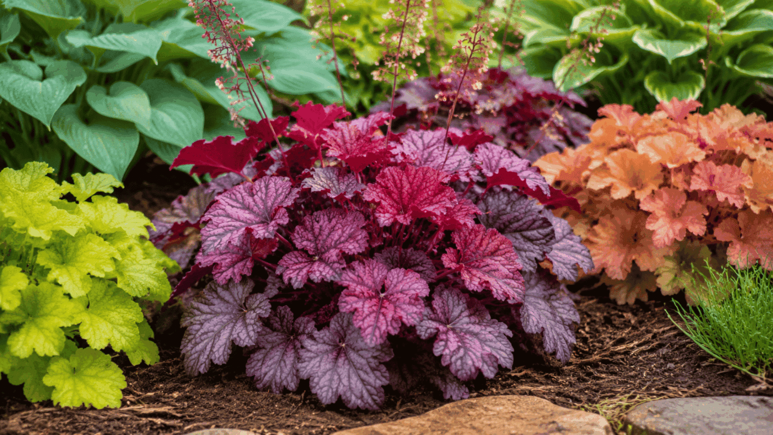 Coral bells with purple foliage growing in a shaded garden bed