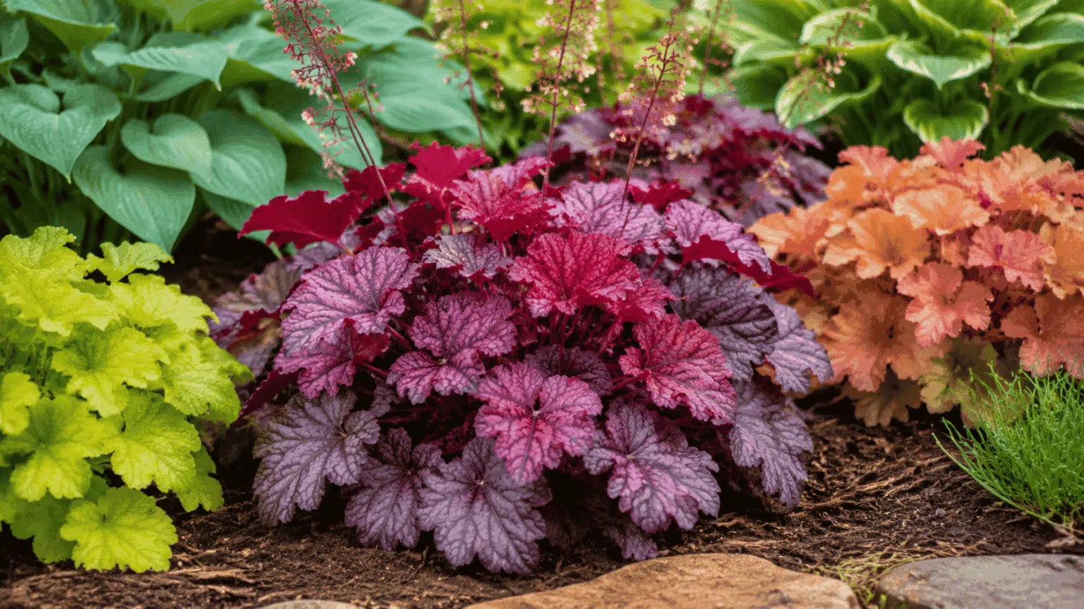 Coral bells with purple foliage growing in a shaded garden bed