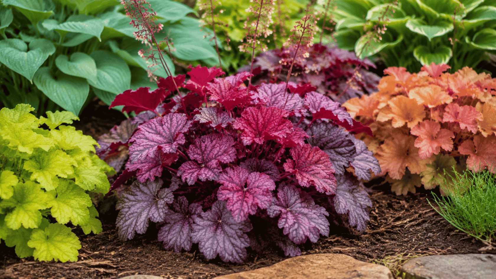 Coral bells with purple foliage growing in a shaded garden bed