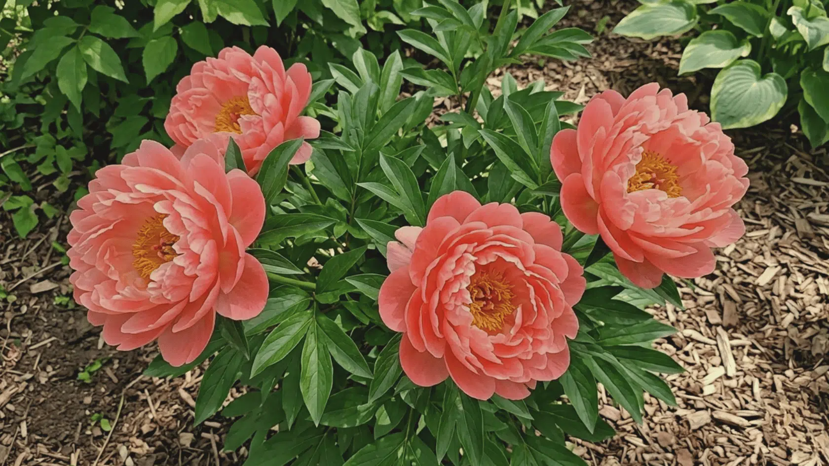 Four Coral Charm peonies with coral-orange petals opening in green foliage, and soft blur background.