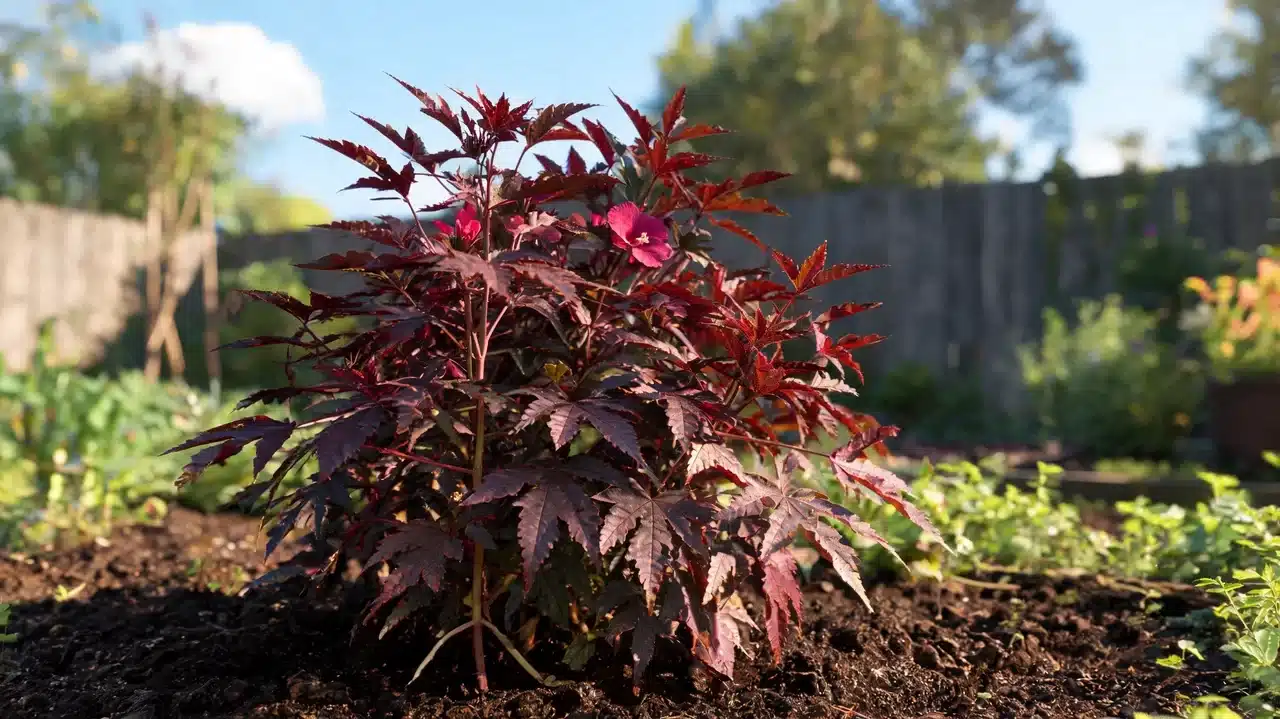 dark purple hibiscus foliage growing in garden bed