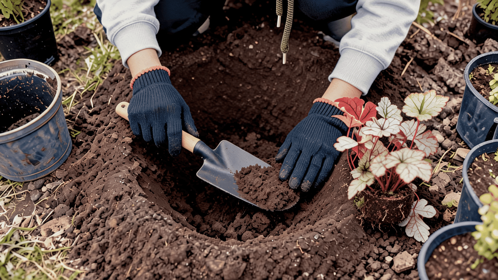 Gloved hands using a hand trowel to dig a planting hole in dark soil near a small Heuchera plant.