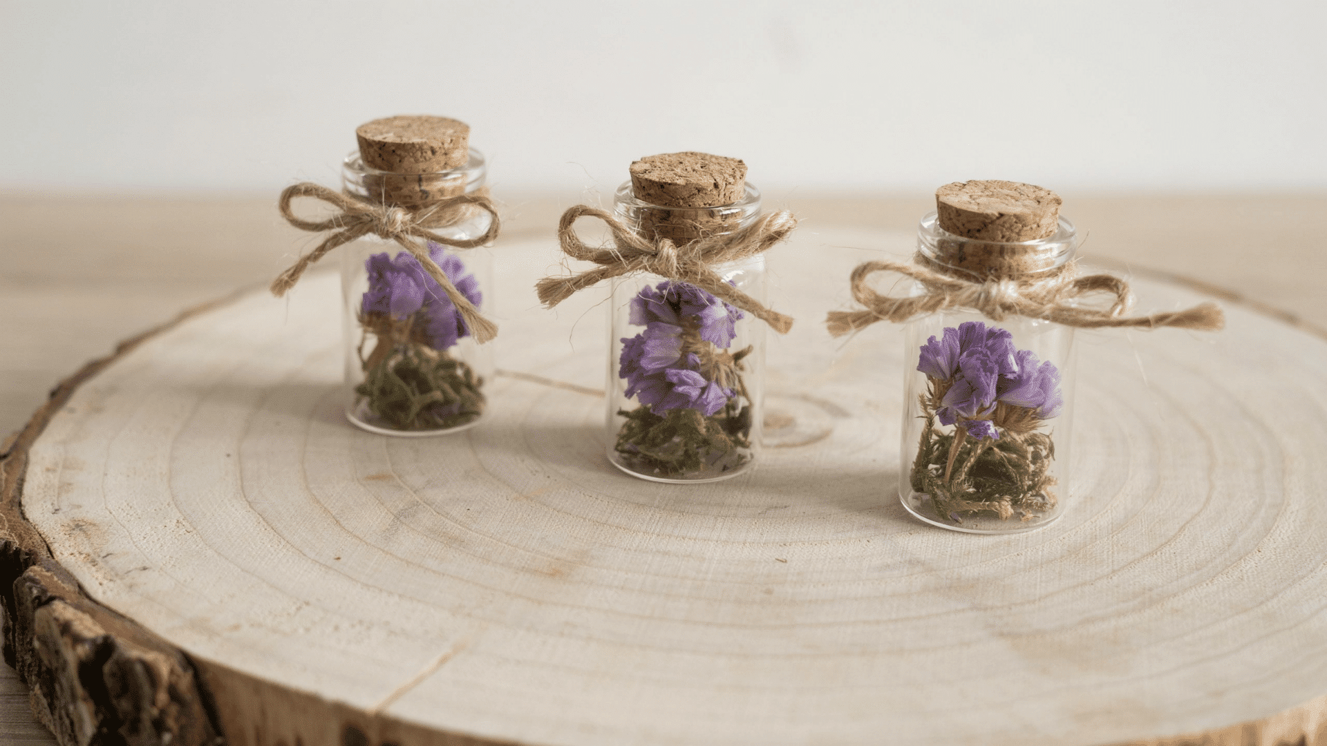 Three corked dried flower jars filled with purple blossoms resting on a rustic wood slice