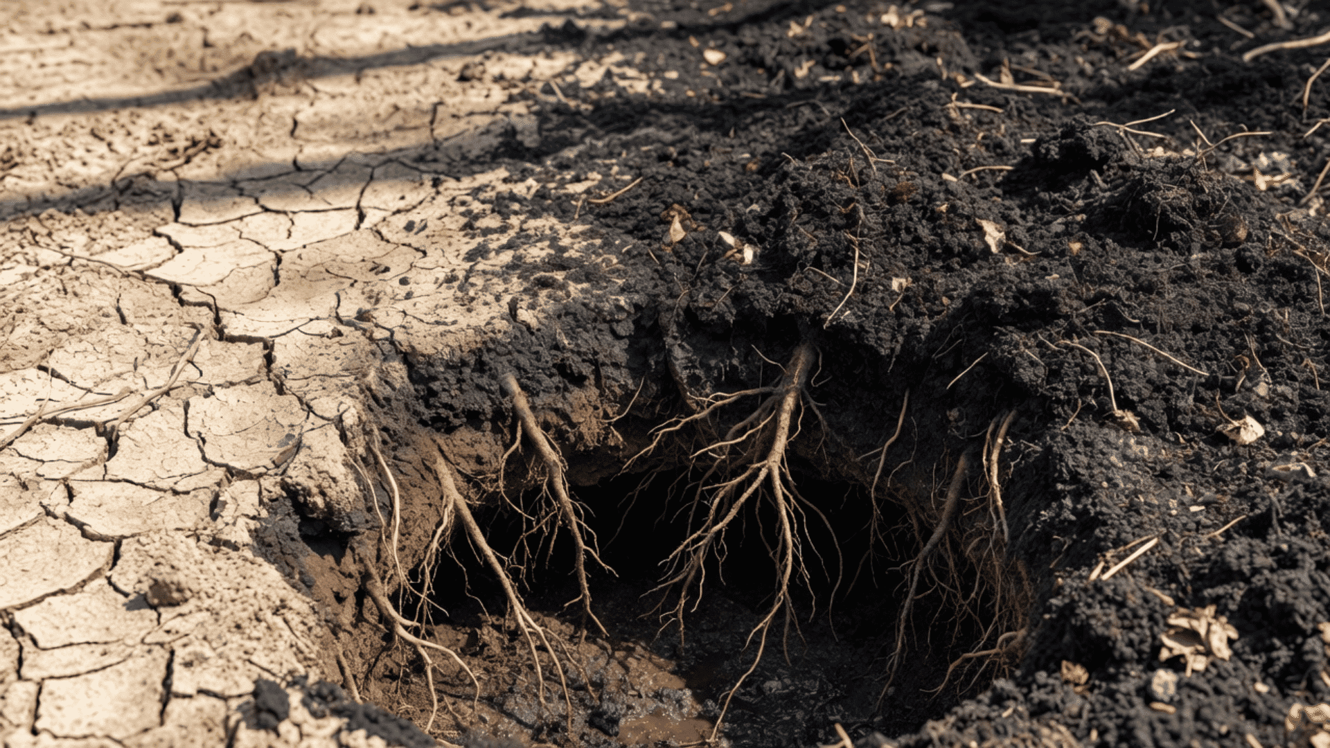 Dry cracked soil showing natural fertilizer disadvantages and effects on plant root growth.