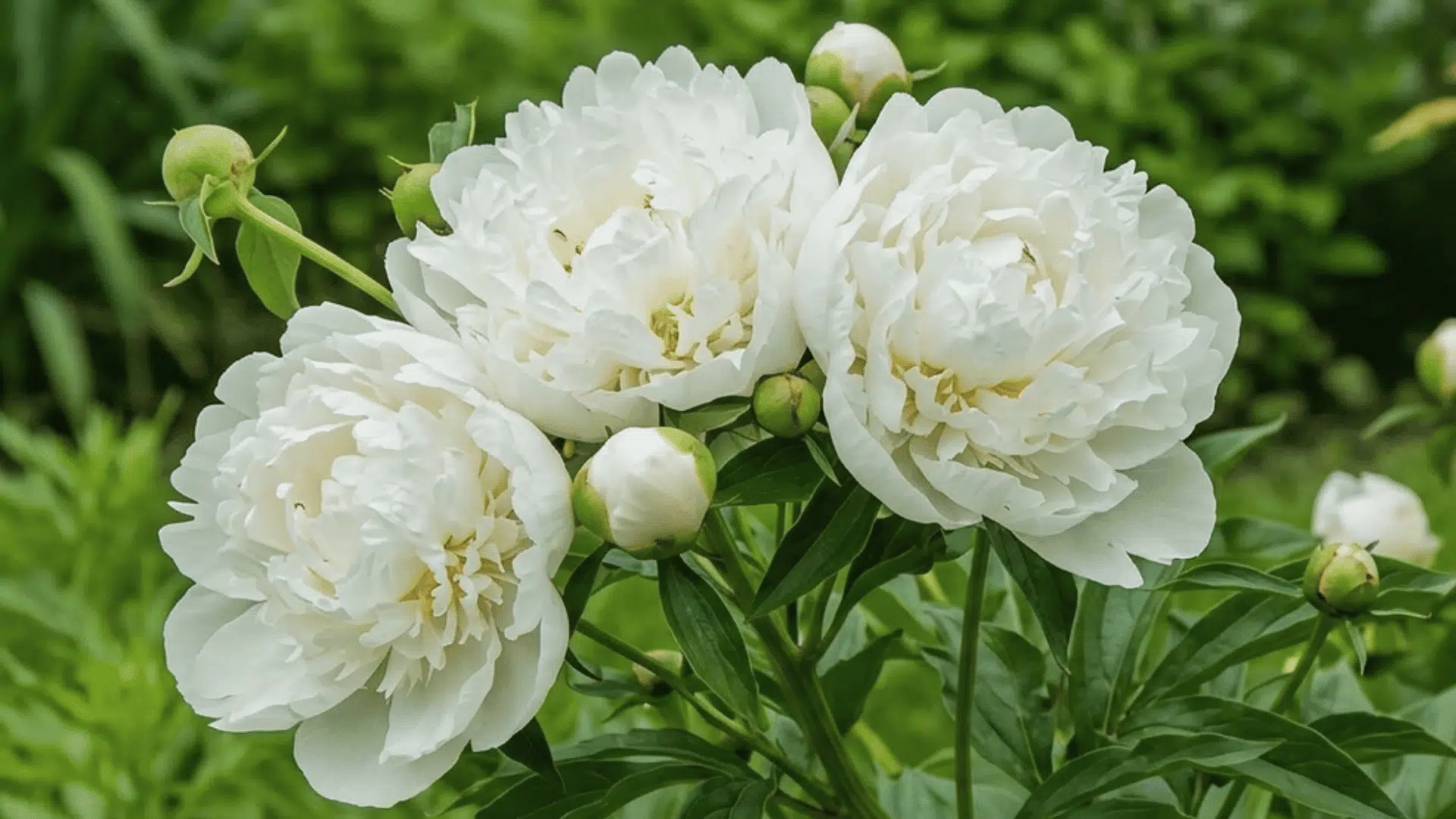 Three realistic Duchesse de Nemours peony blooms  with creamy white petals, yellow center, and garden foliage.