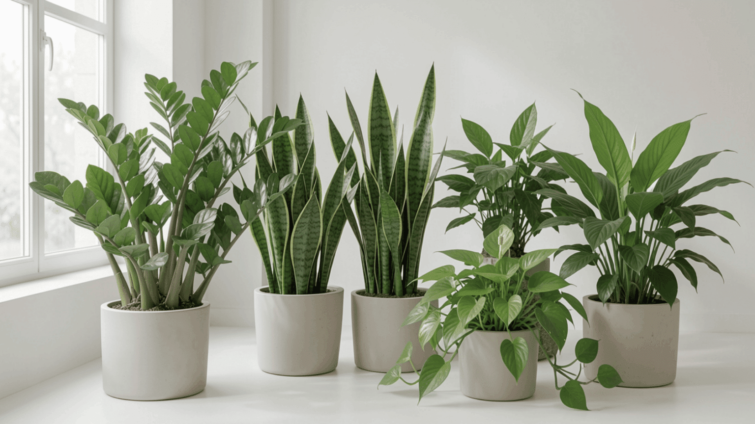 Group of common indoor houseplants in pots arranged near a window in soft natural light.