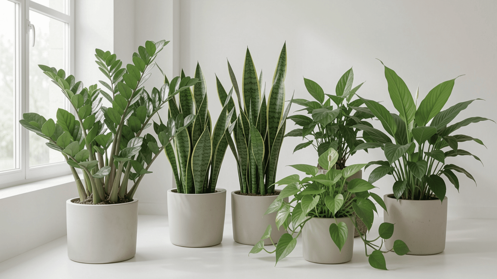 Group of common indoor houseplants in pots arranged near a window in soft natural light.