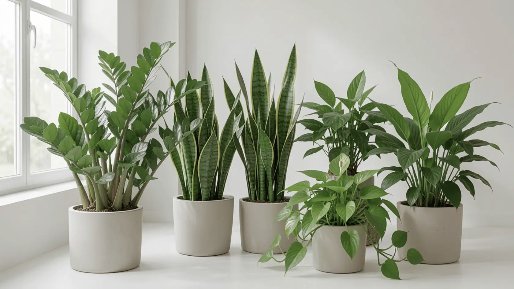 Group of common indoor houseplants in pots arranged near a window in soft natural light.