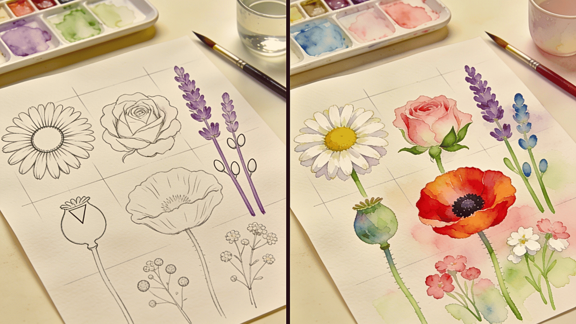 Side-by-side watercolor flowers showing pencil sketches and painted versions of daisy, rose, lavender, poppy, and wildflowers.