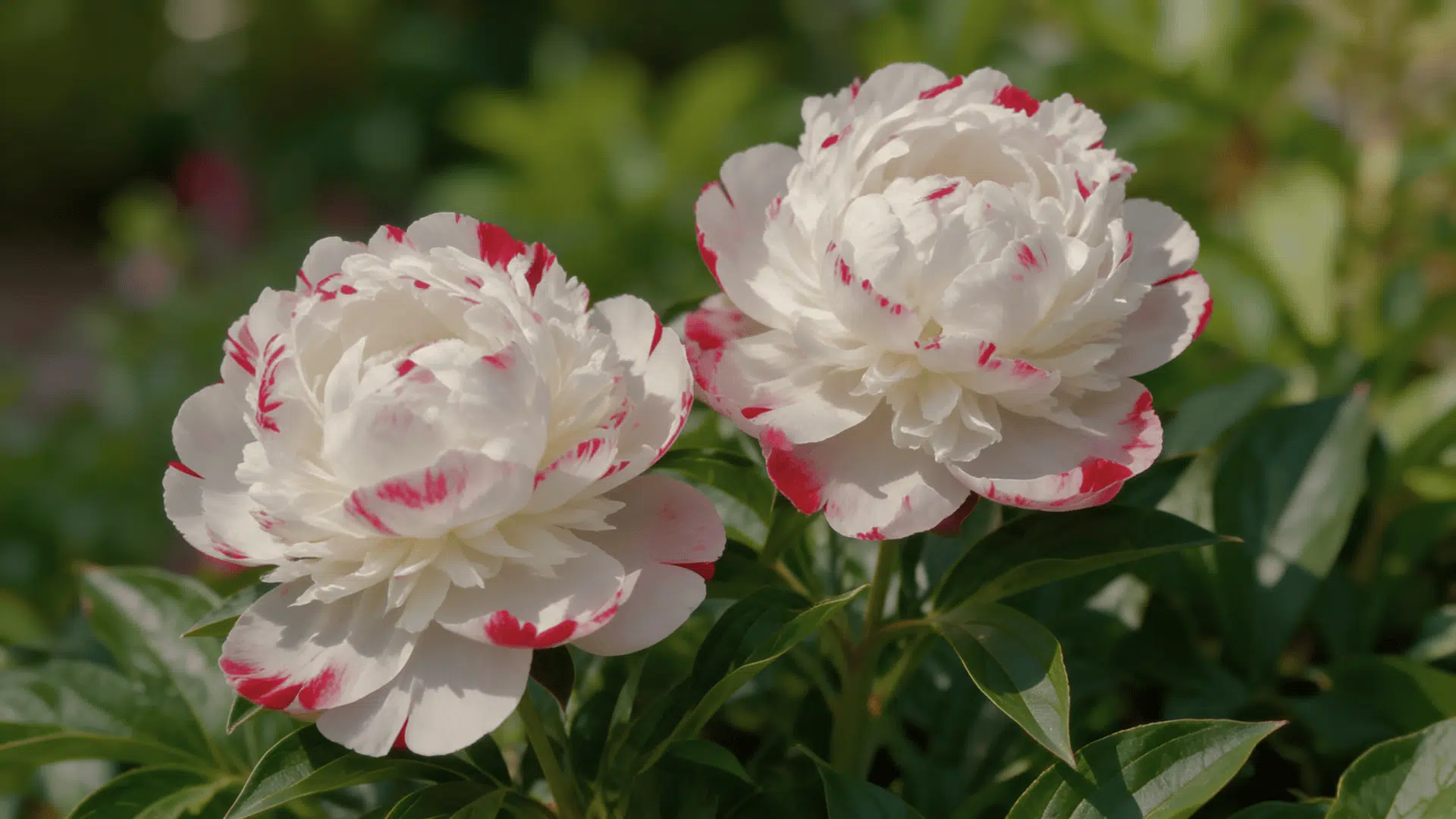 Realistic two Festiva Maxima peony blooms with small streaks of red in petals, white center, and green leaves.