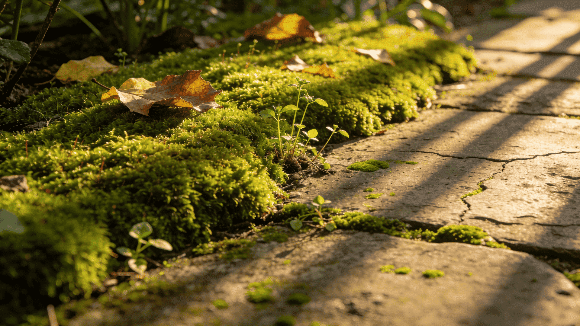 Sunlit moss growing along a stone path edge, with scattered fallen leaves.