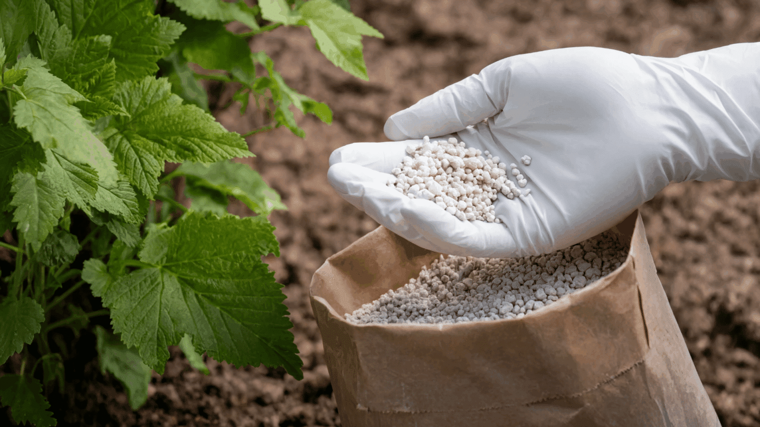 Hand applying chemical fertilizers to soil near a healthy green plant.