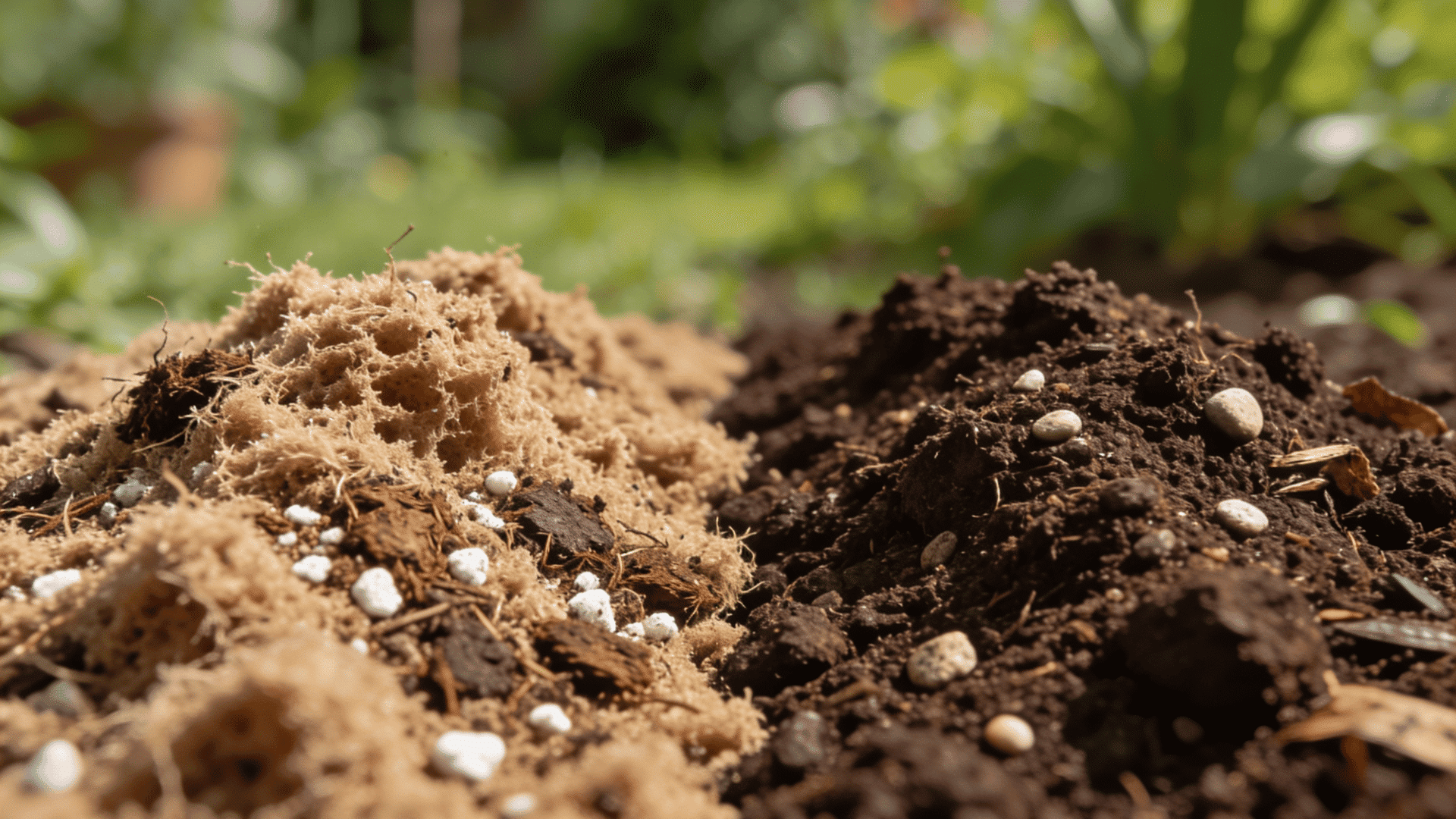 Garden soil and potting soil comparison on a gardening table with outdoor soil, compost, plant pot, and gardening tools.