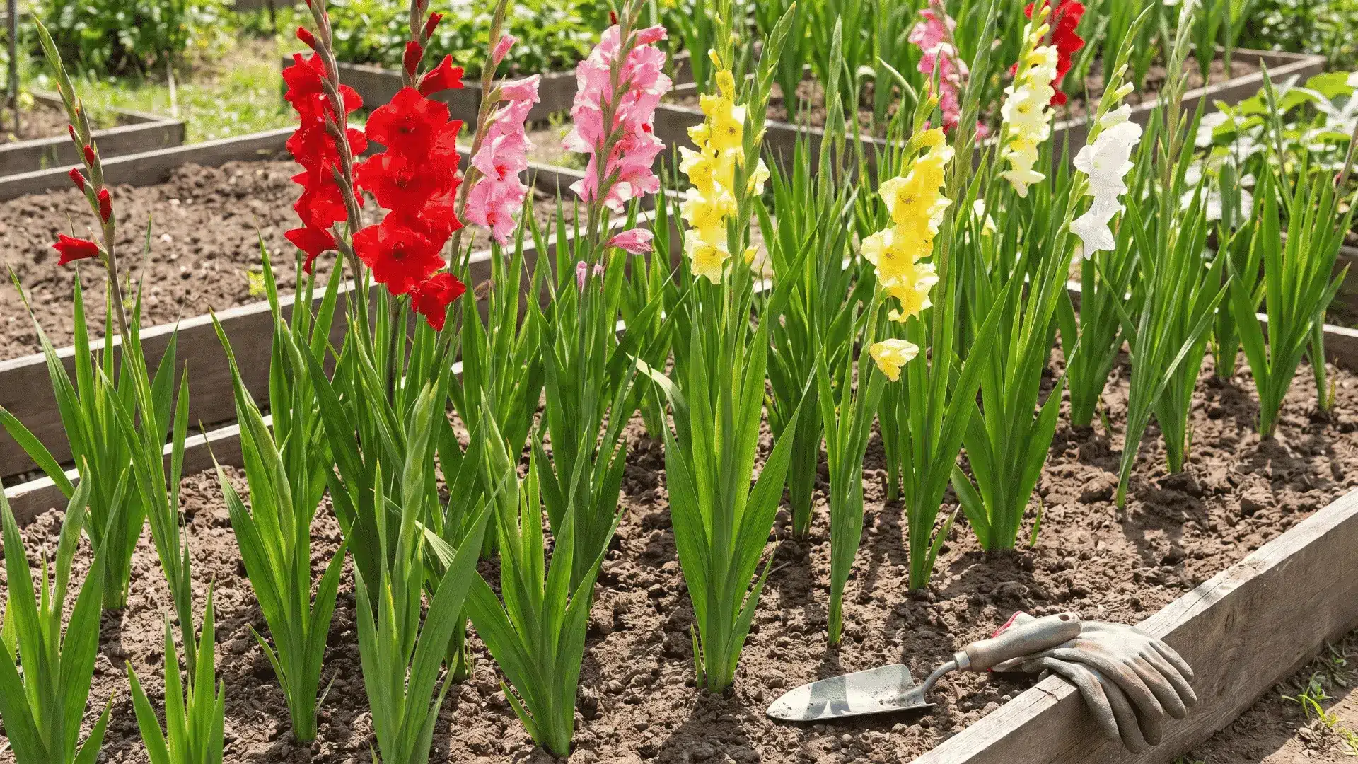 Red, pink, yellow, and white gladiolus blooming in raised garden beds beside a hand trowel and gloves.