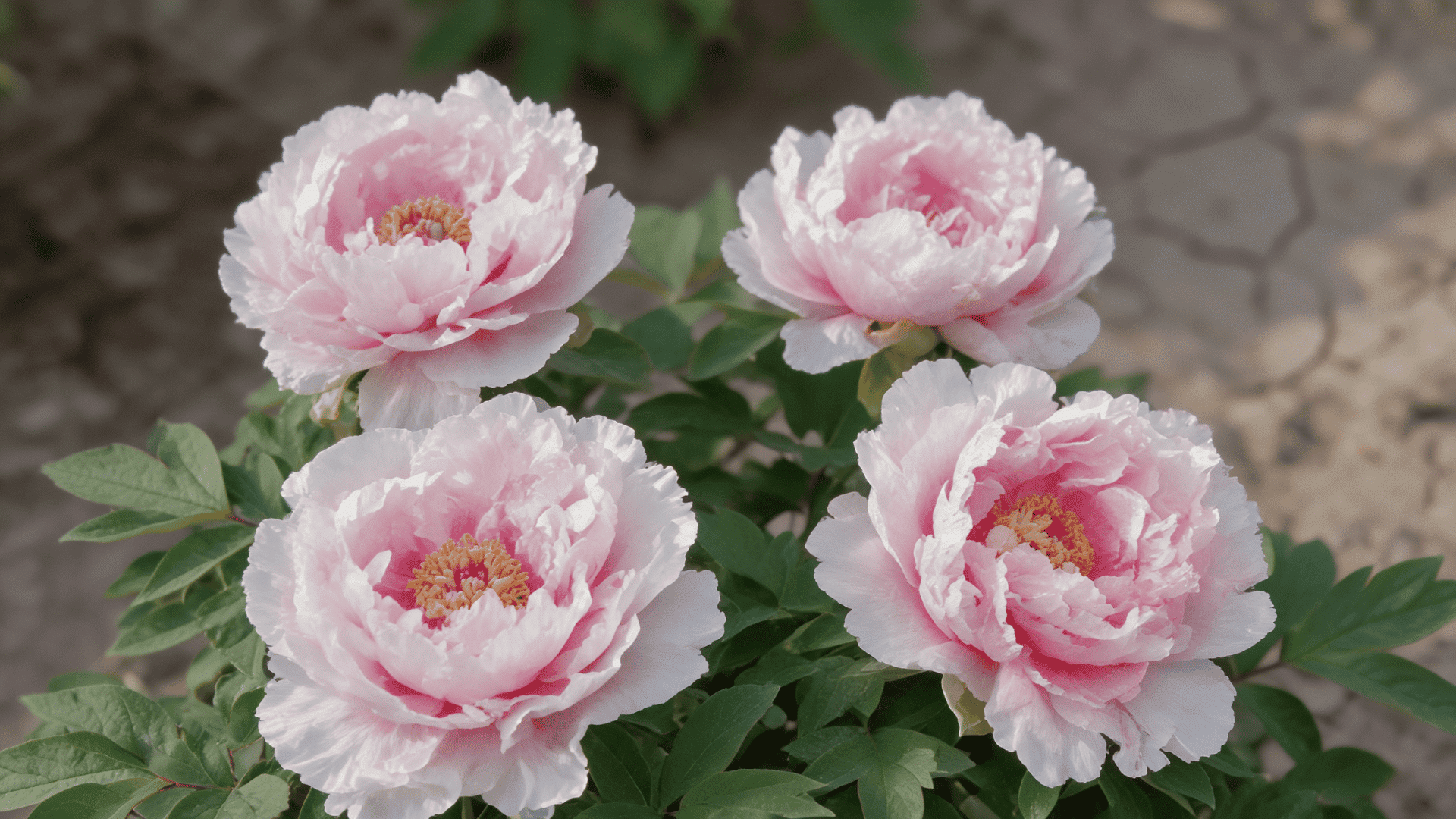 Realistic Hana Kisoi peonies with soft pink petals, layered flower, and blurred background.