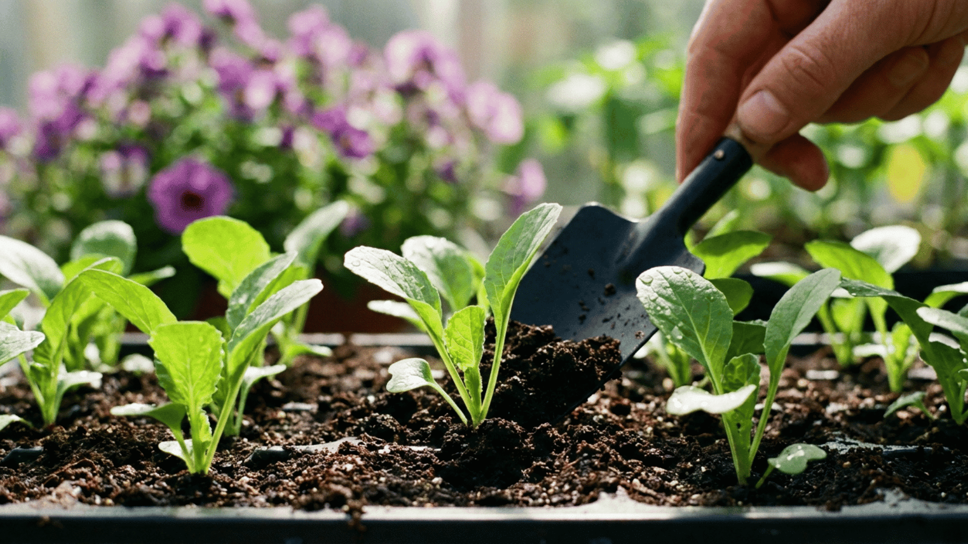 Hand using a gardening trowel to plant young seedlings in a garden bed.