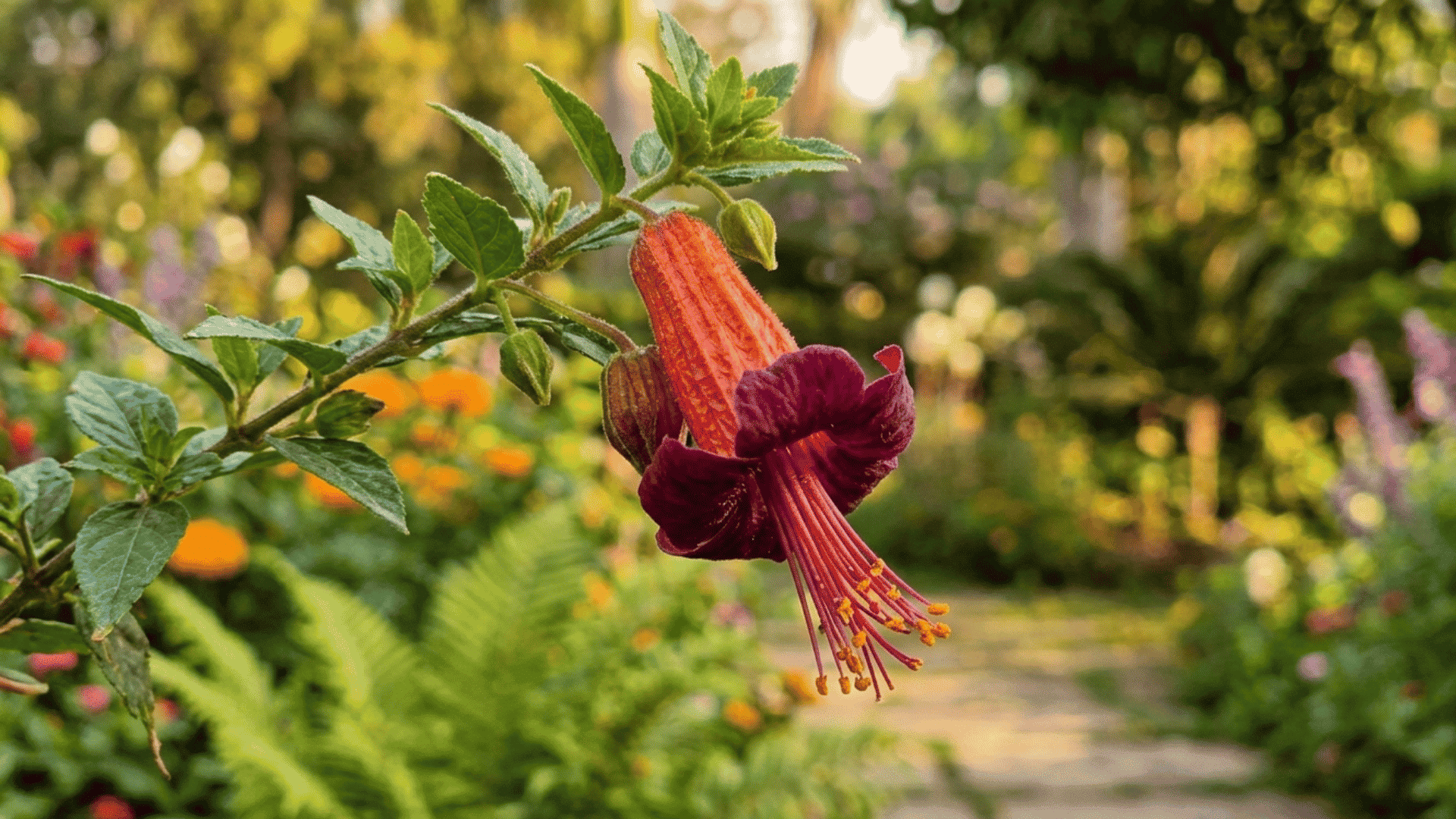Orange and maroon tubular flower blooming on a green plant with a blurred garden pathway and colorful foliage background.