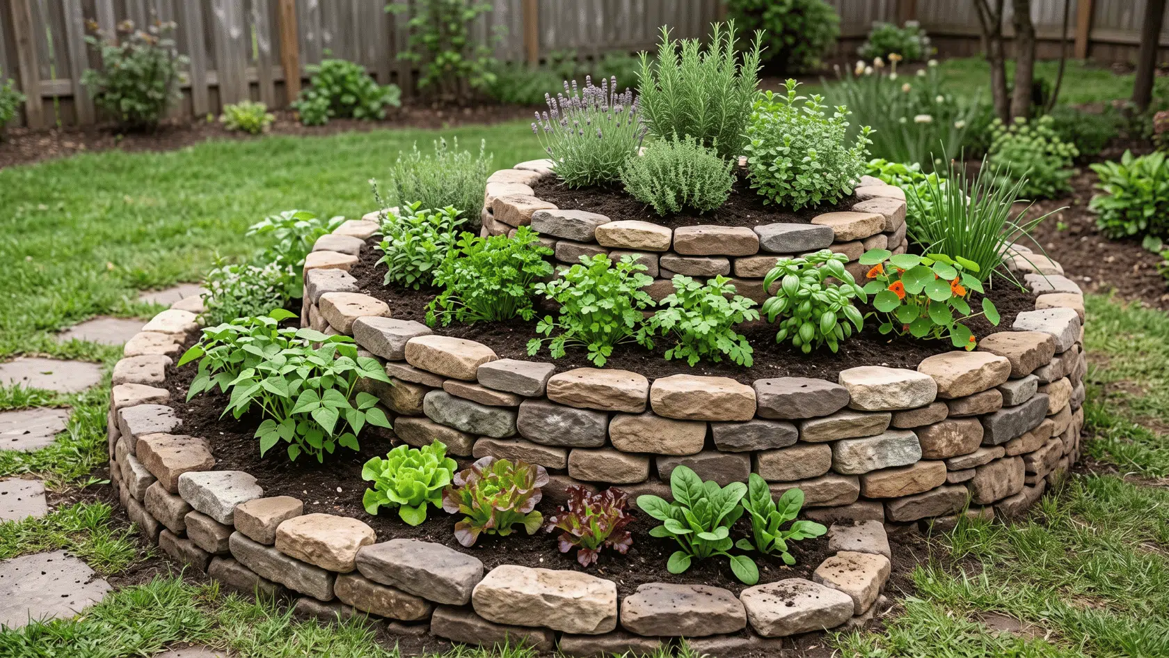 A spiral garden bed built with stacked stones, filled with various herbs and green vegetables in a grassy backyard setting.