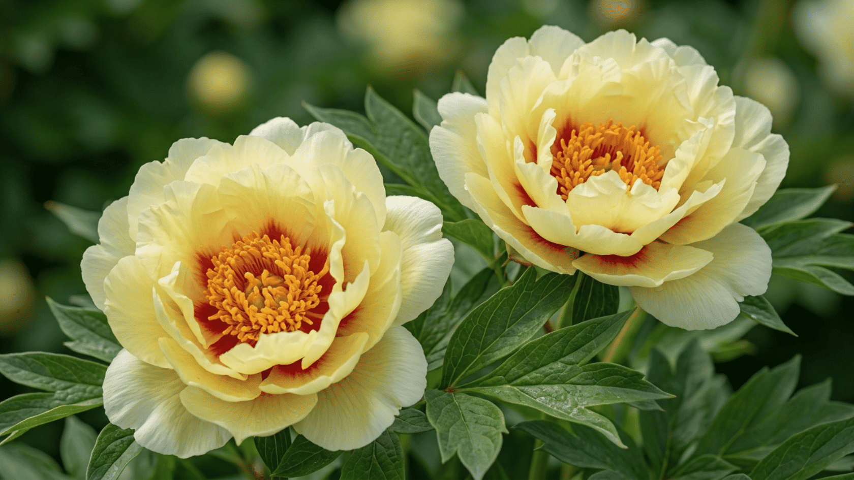 Two High Noon peony bloomswith yellow petals, full bloom, green foliage, and garden background.