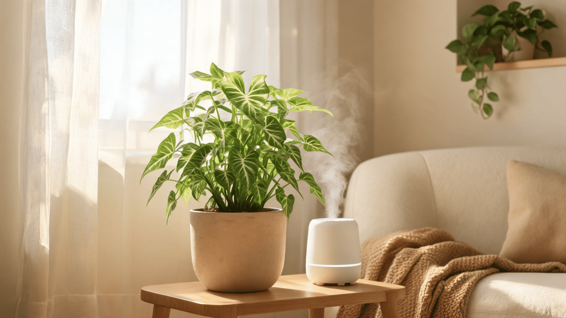 Syngonium plant in a pot placed beside a humidifier to maintain indoor humidity levels.