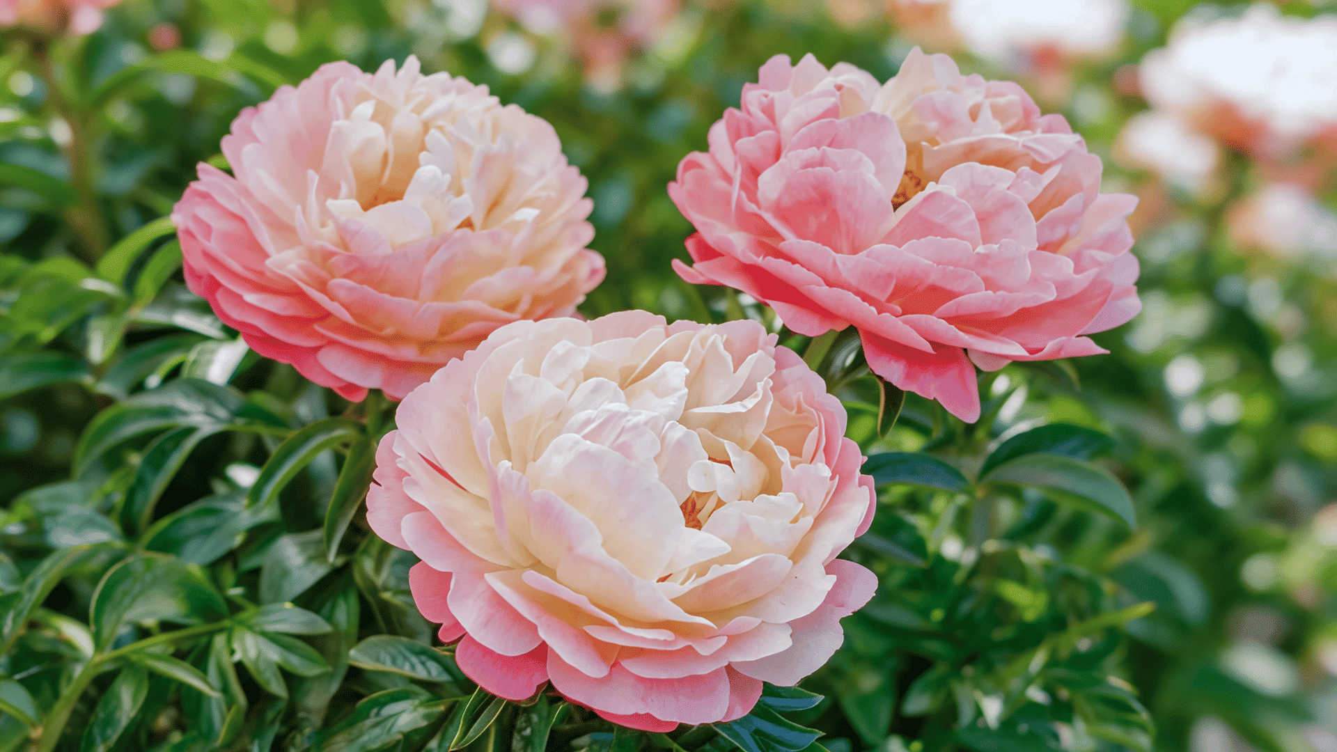 Realistic three Coral Sunset peony blooms with coral-pink petals, warm tones, and garden foliage.