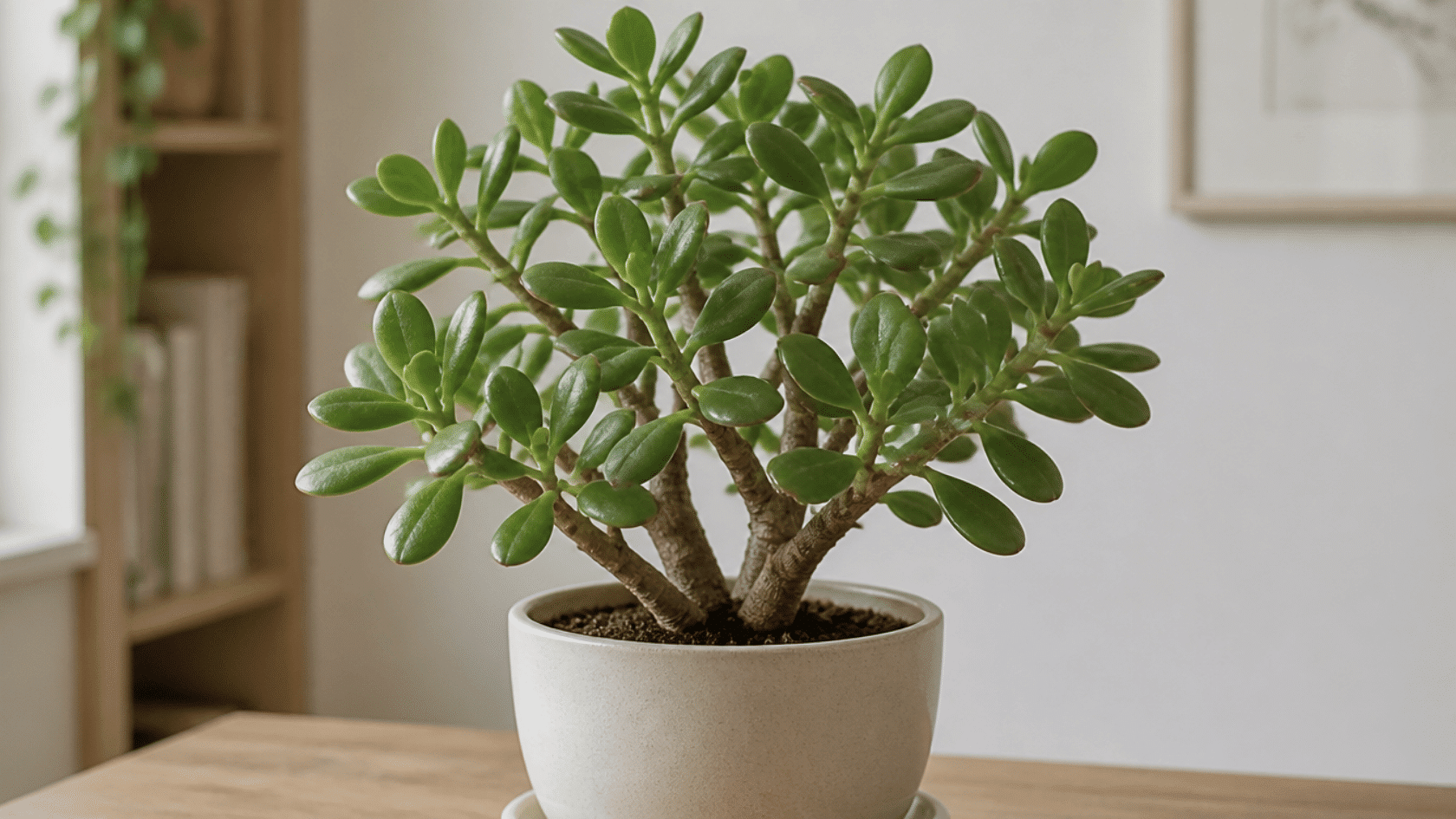 Jade plant in pot with thick green leaves and woody stems in soft indoor light