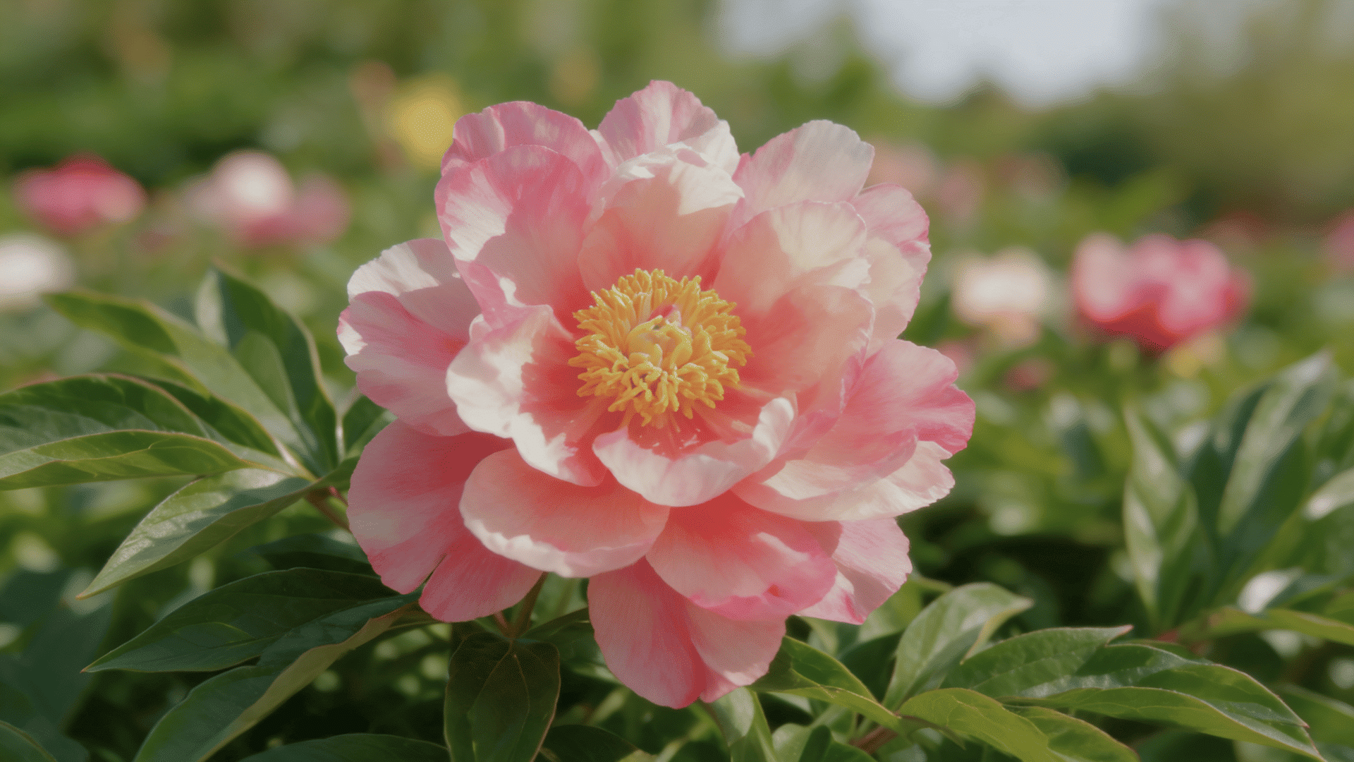 Realistic Julia Rose peony with peach and pink petals, soft bloom, and green leaves.