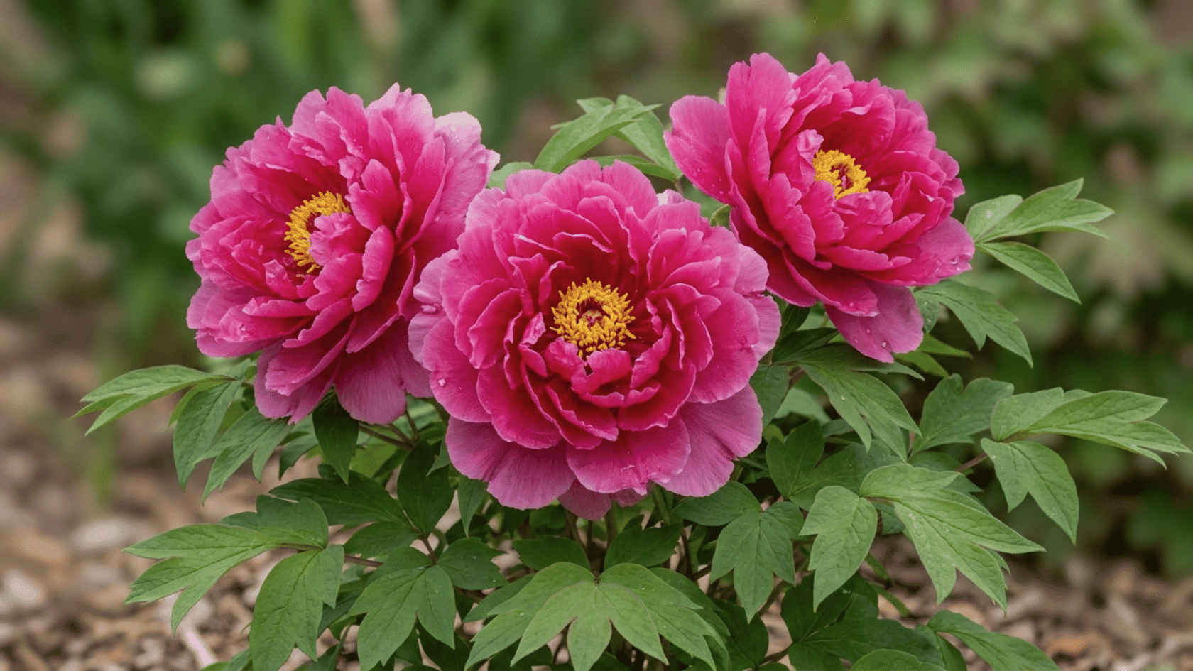 Realistic Kamata Nishiki peony blooms with bright pink petals, full flower, and natural garden surroundings.