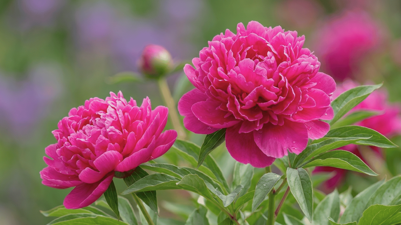 Realistic two Karl Rosenfield peony blooms with dark pink flowers petals and green leaves in a garden setting