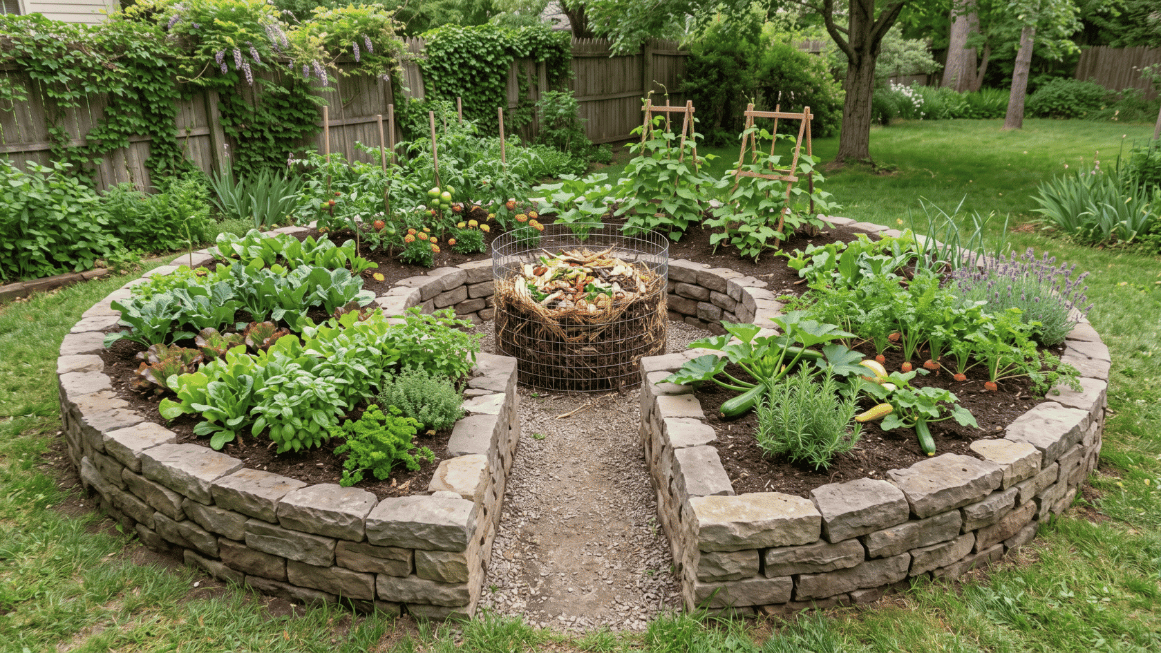 A circular keyhole garden bed built with stacked stones, featuring a center compost bin and a small walkway leading into the middle.