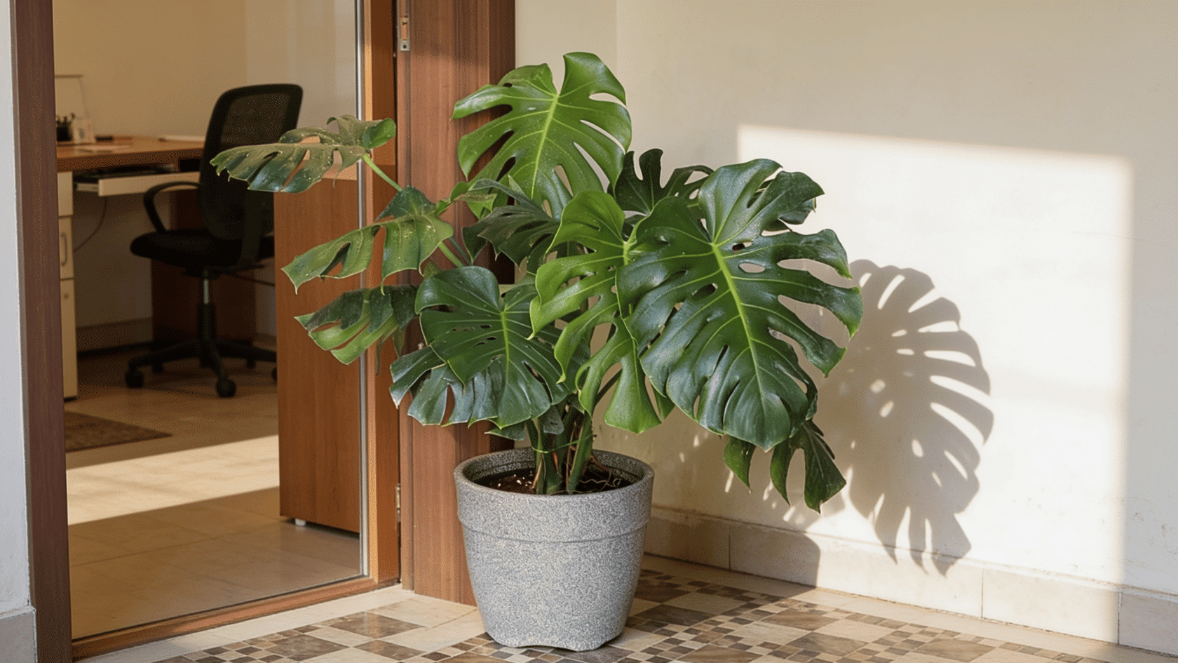 Monstera plant with split green leaves in a pot placed indoors near furniture and wall decor