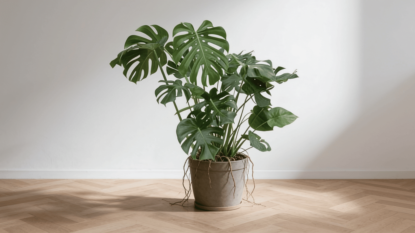 Monstera plant in pot with large split green leaves in soft indoor light