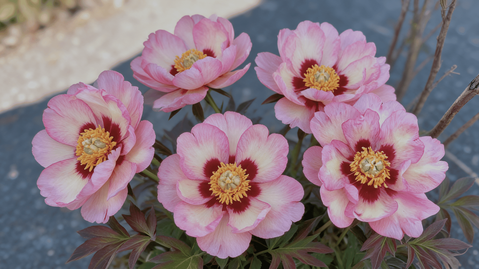 Pastel Splendor peonies with soft pastel petals, layered bloom, and natural blurred background.
