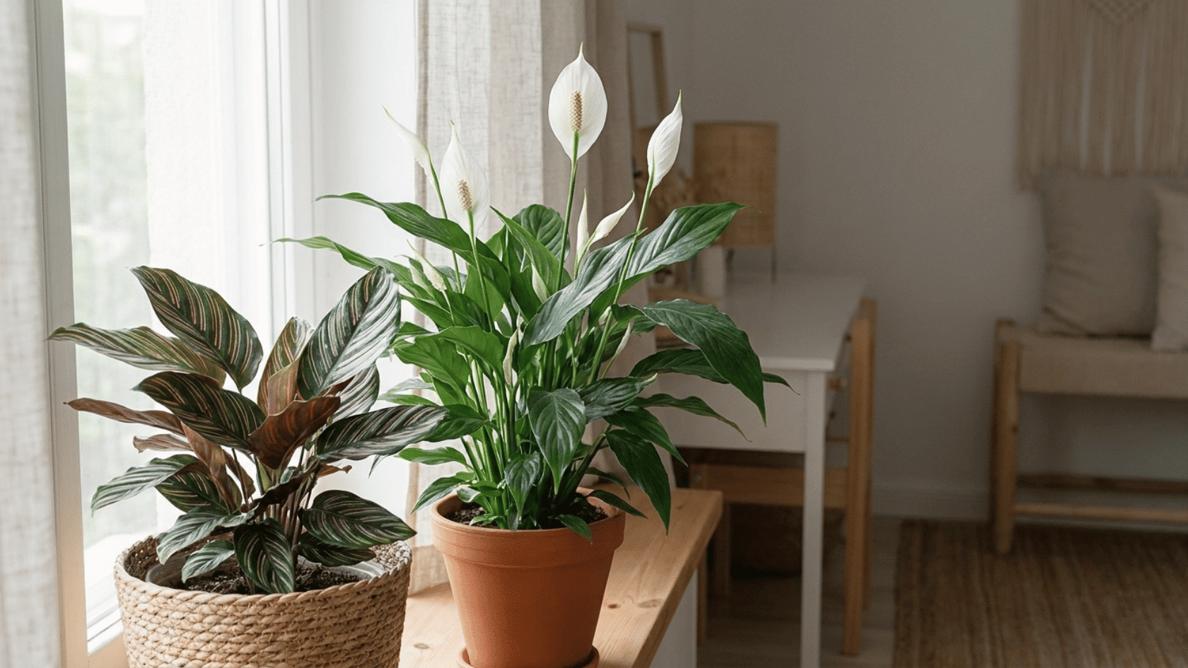 Peace lily with white flowers and calathea plant in pots on table near window indoors