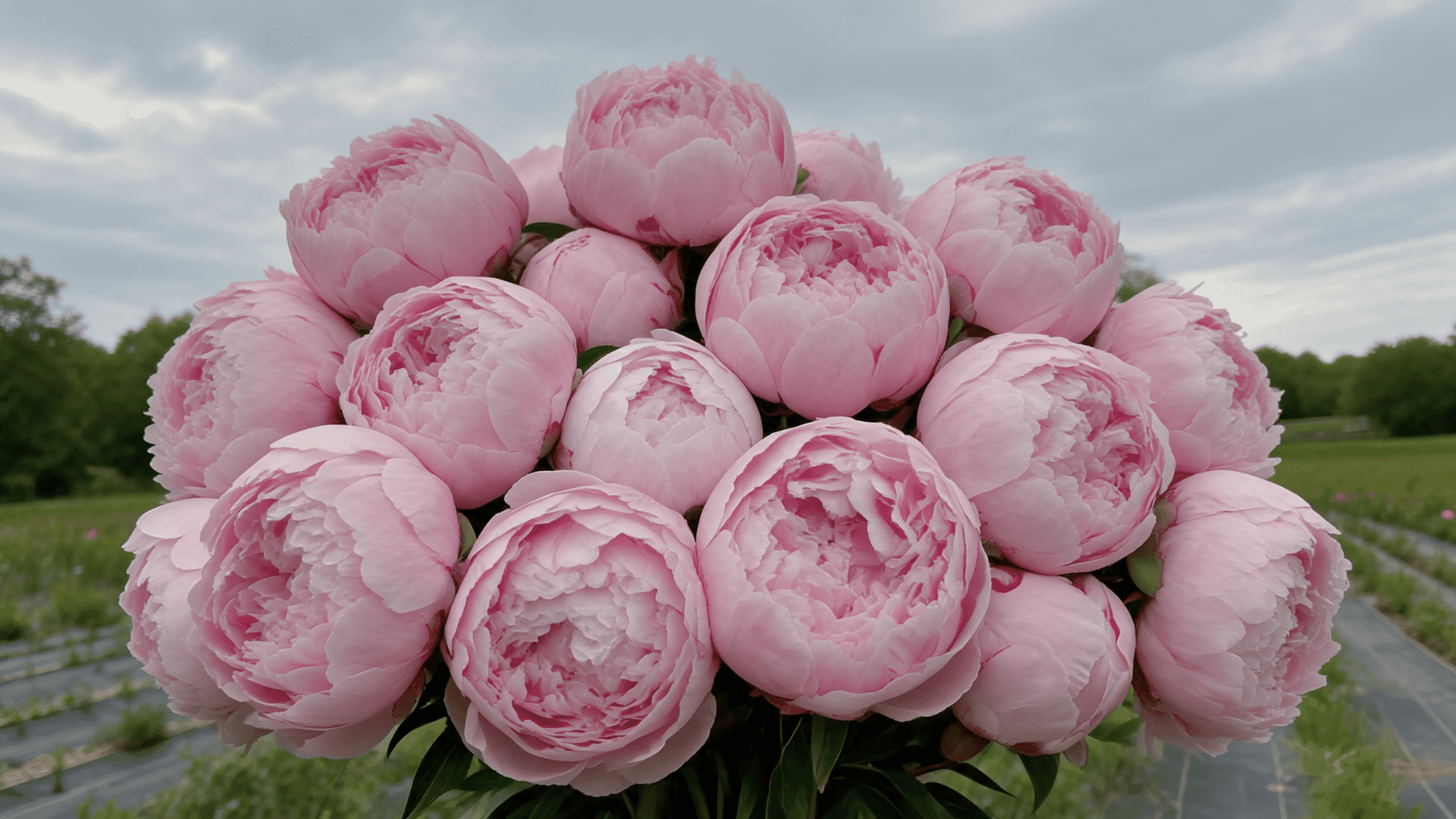 Light pink peony flowers blooming in a garden field with layered petals and green foliage.