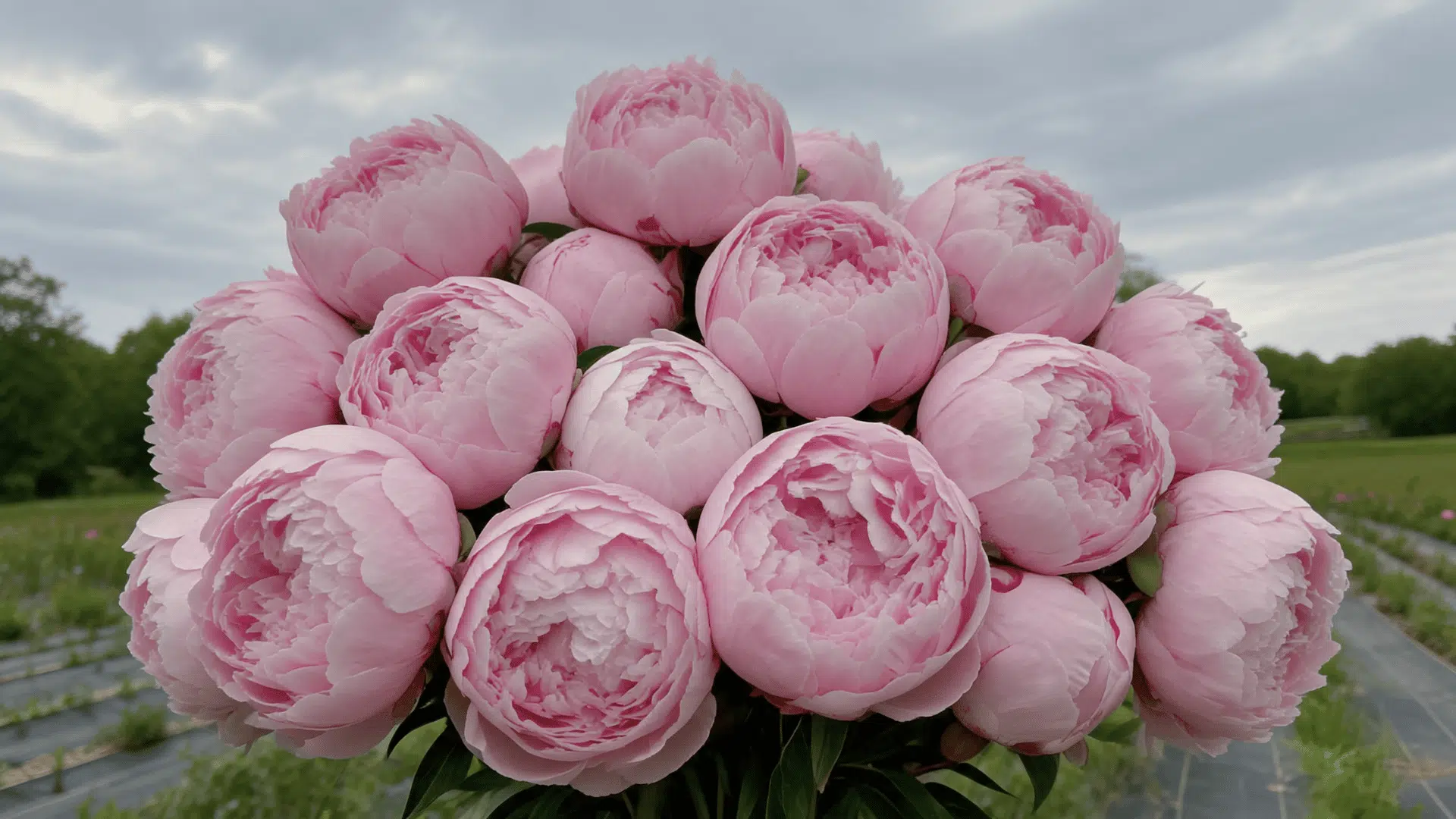 Light pink peony flowers blooming in a garden field with layered petals and green foliage.