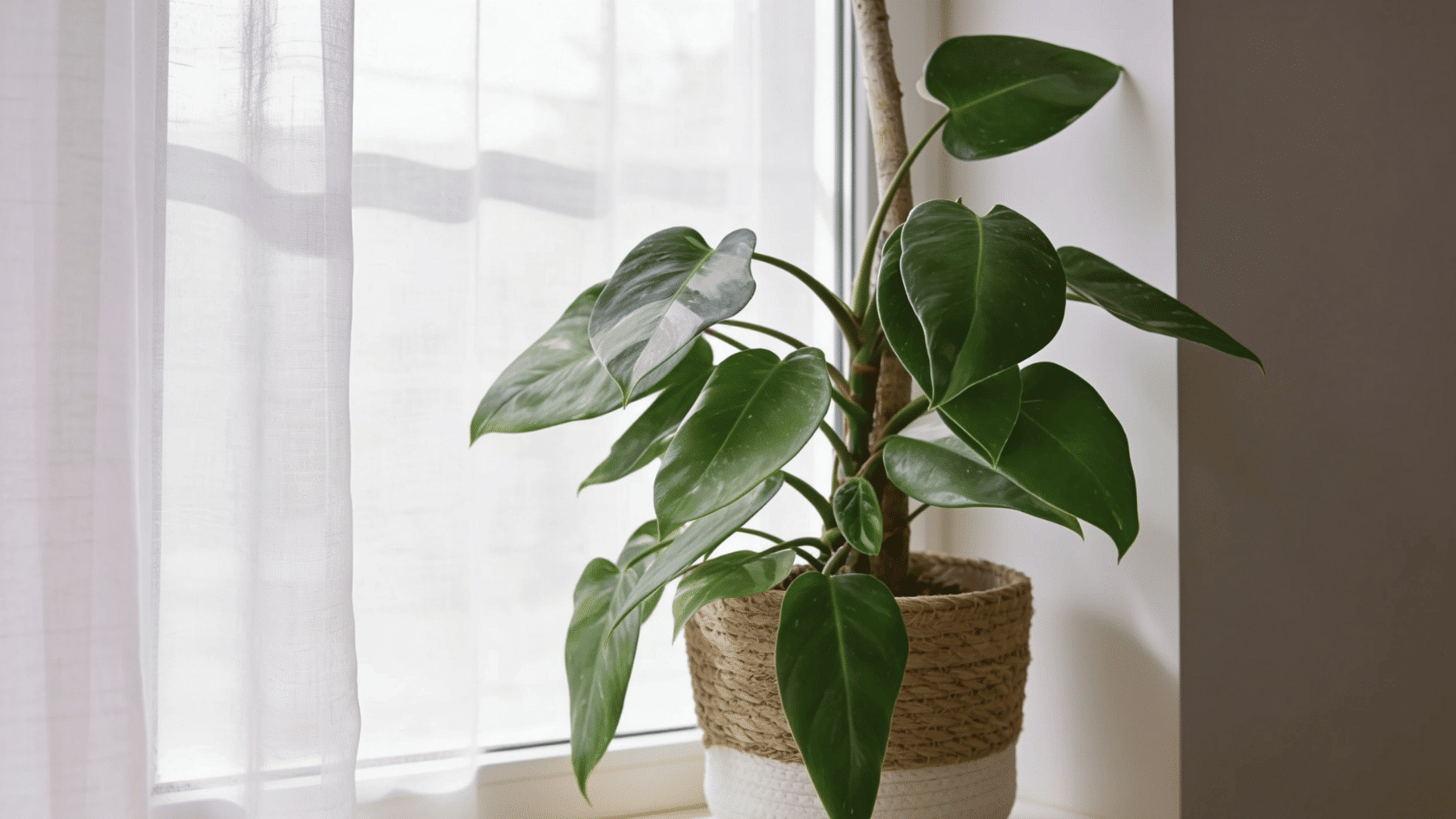 Philodendron plant in woven basket beside a window with sheer curtains and soft natural light