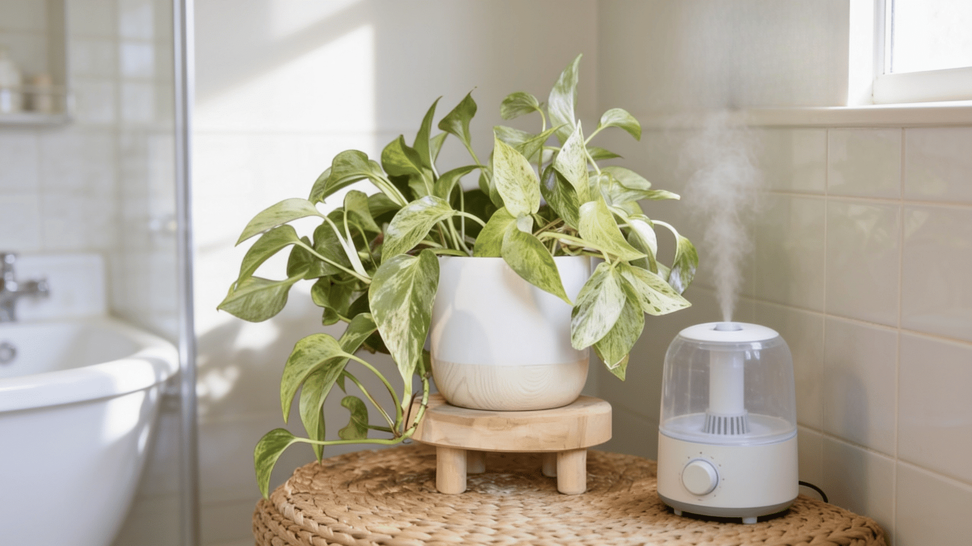 Pothos plant in a bathroom with a humidifier adding moisture nearby.