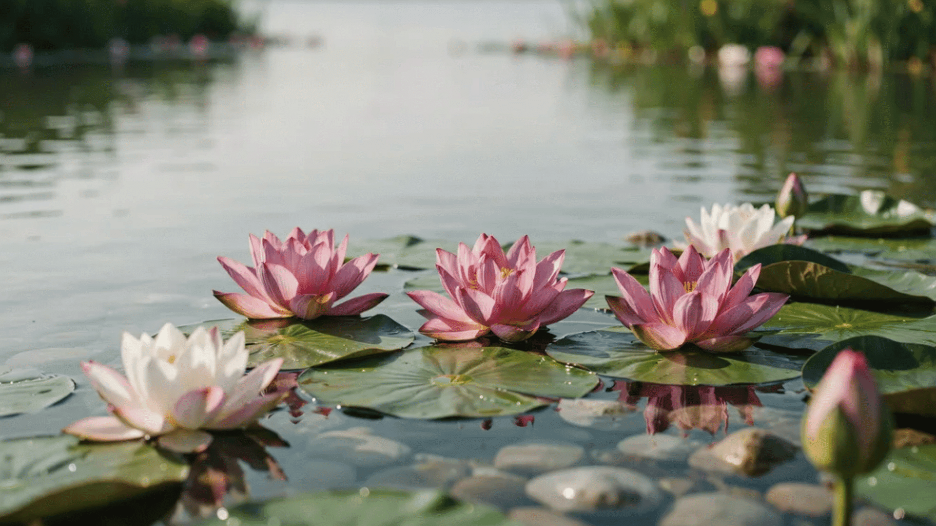 Pink and white lotus flowers blooming among green lily pads on a calm pond.