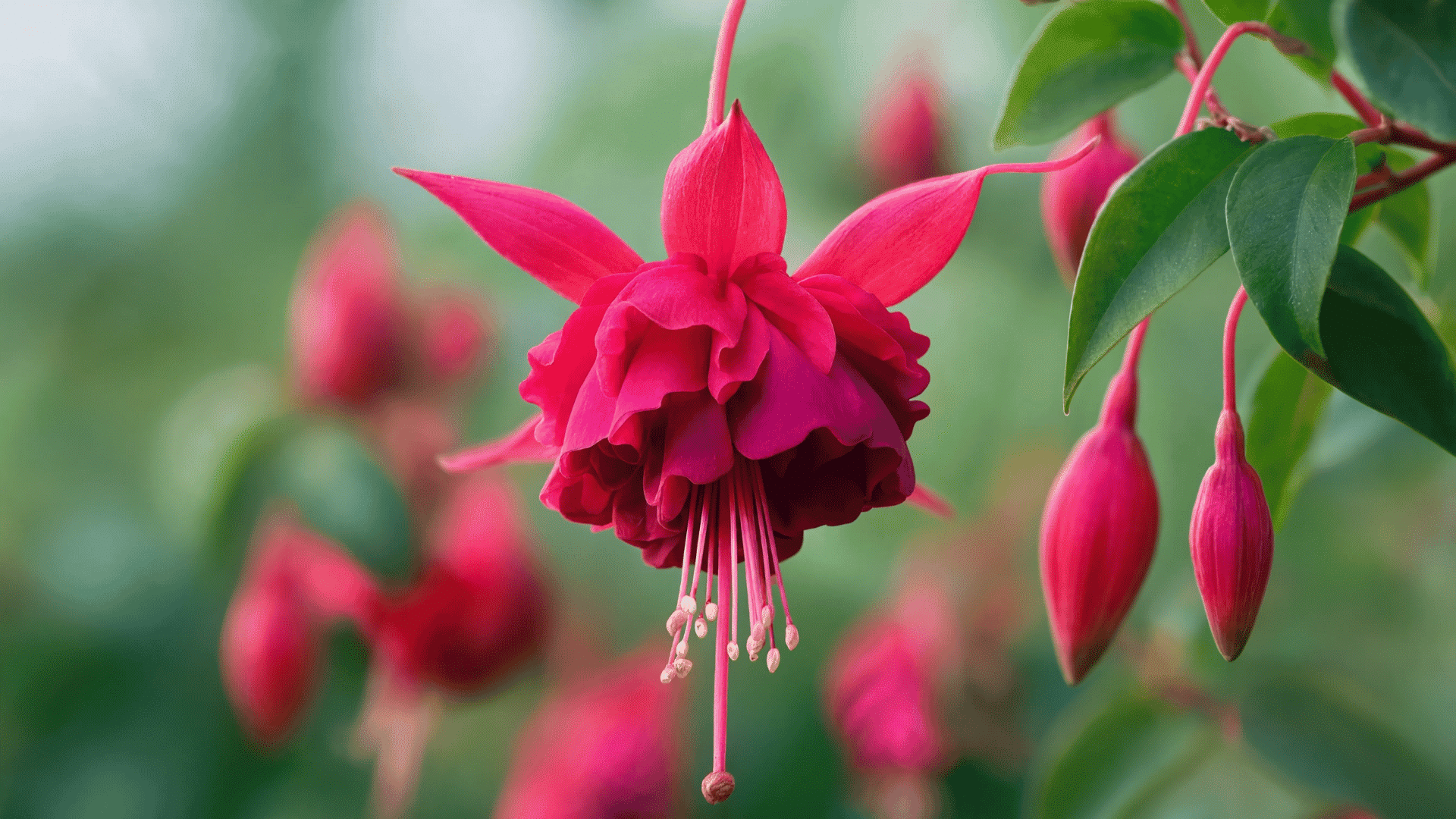 Pink fuchsia flower blooming with layered petals and hanging buds on a green plant.