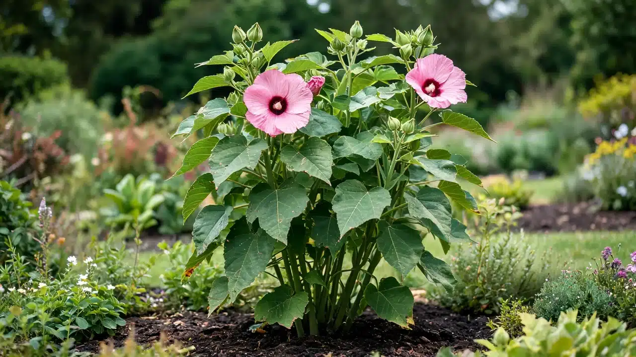 pink hibiscus flowers blooming in lush garden bed